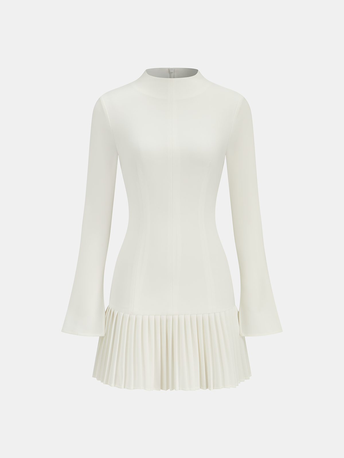 Pleated Hem Mock Neck Mini Dress with Long Sleeves and Button Detail
