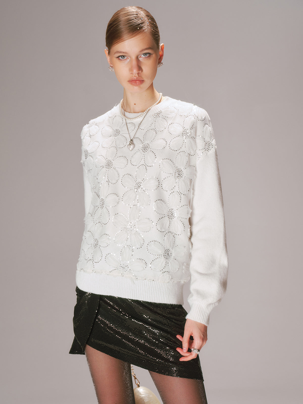 Floral Sequin Mesh Detail Sweater for Women Elegant Style