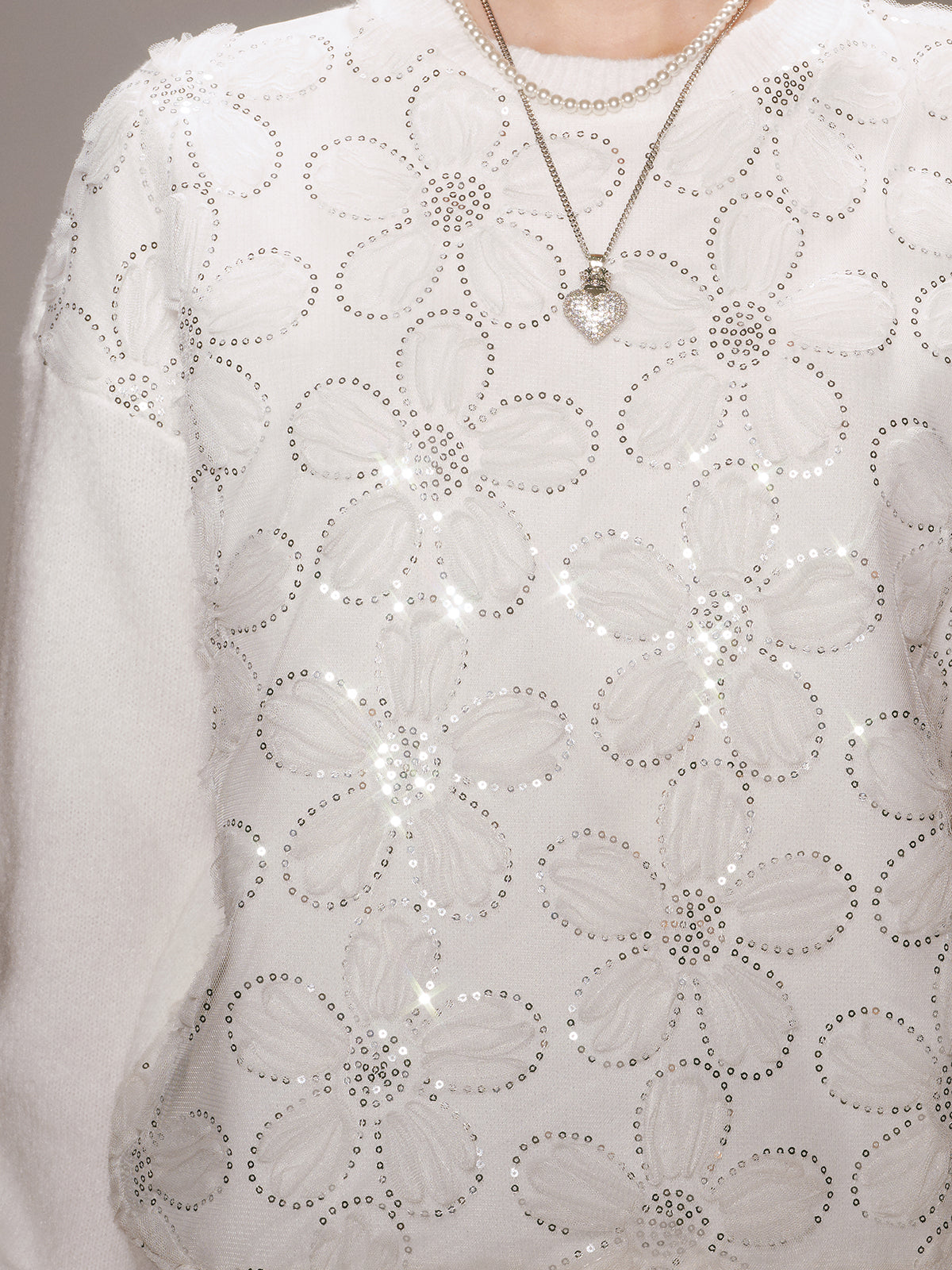 Floral Sequin Mesh Detail Sweater for Women Elegant Style