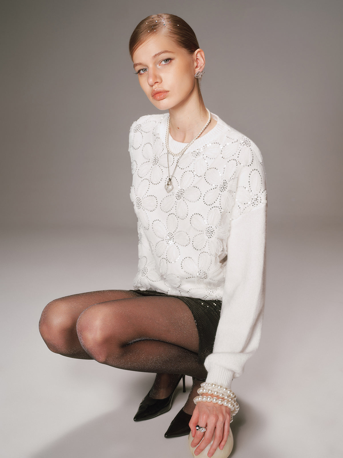 Floral Sequin Mesh Detail Sweater for Women Elegant Style