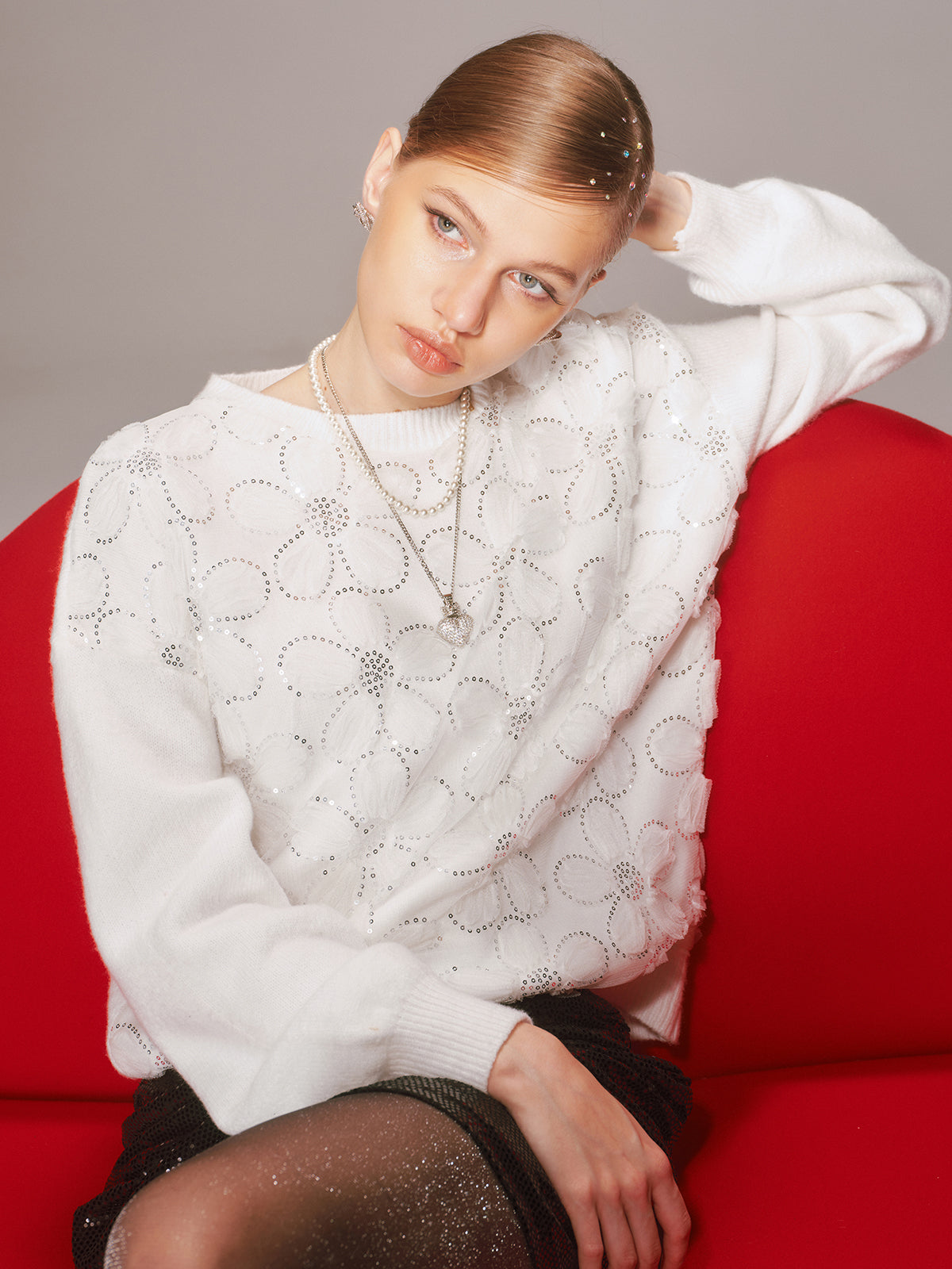 Floral Sequin Mesh Detail Sweater for Women Elegant Style