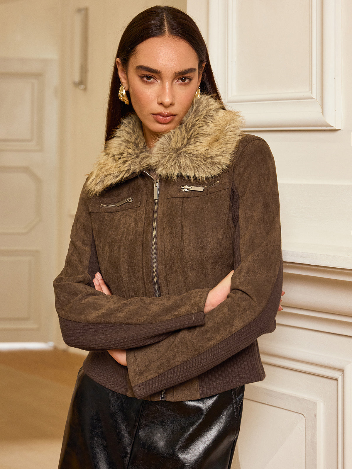 Faux Fur Collar Knit Panel Suede Effect Jacket for Women Winter Wear