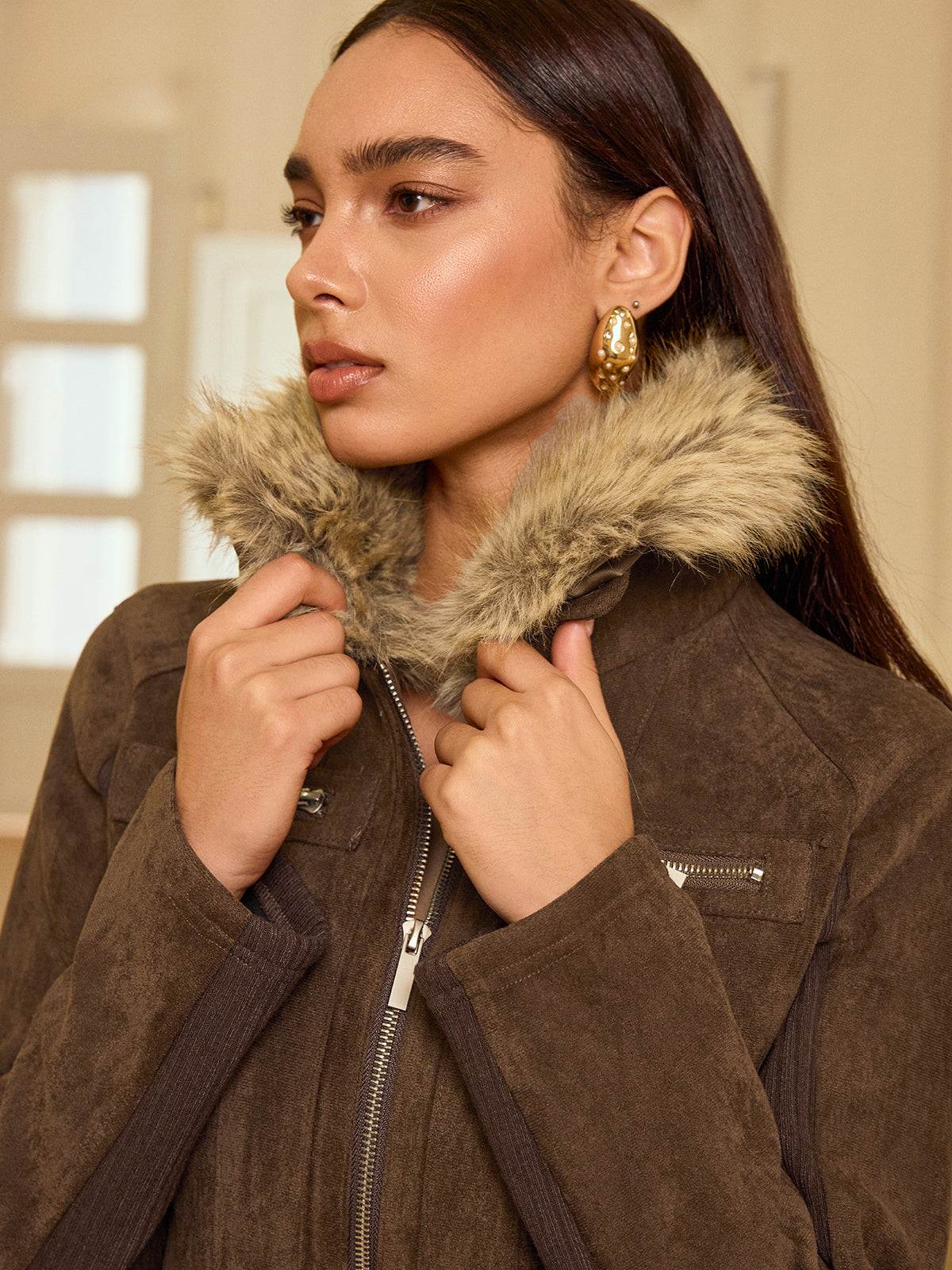Faux Fur Collar Knit Panel Suede Effect Jacket for Women Winter Wear