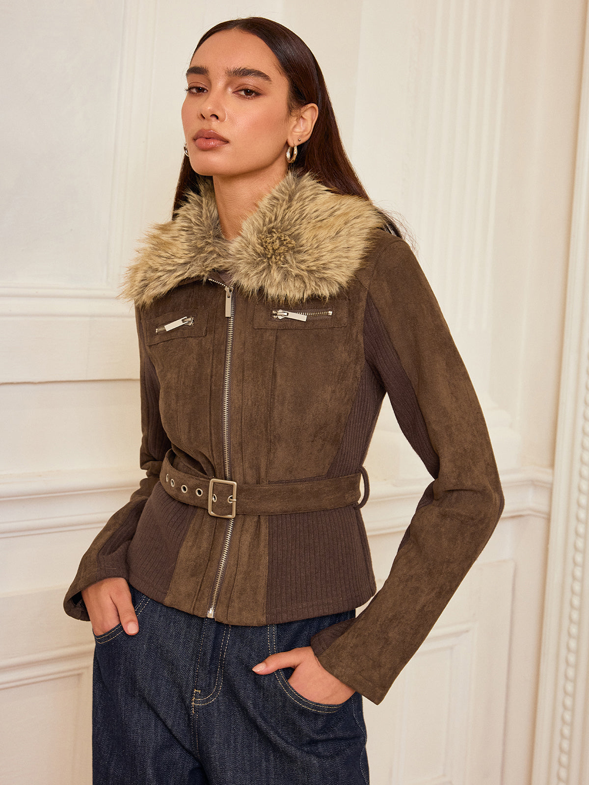 Faux Fur Collar Knit Panel Suede Effect Jacket for Women Winter Wear