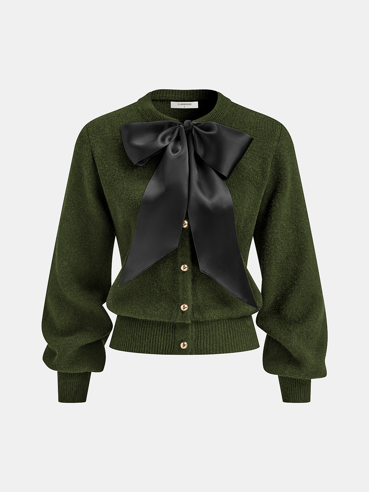Bow Detail Metal Button Knit Cardigan with Front Pockets and Ribbed Trim