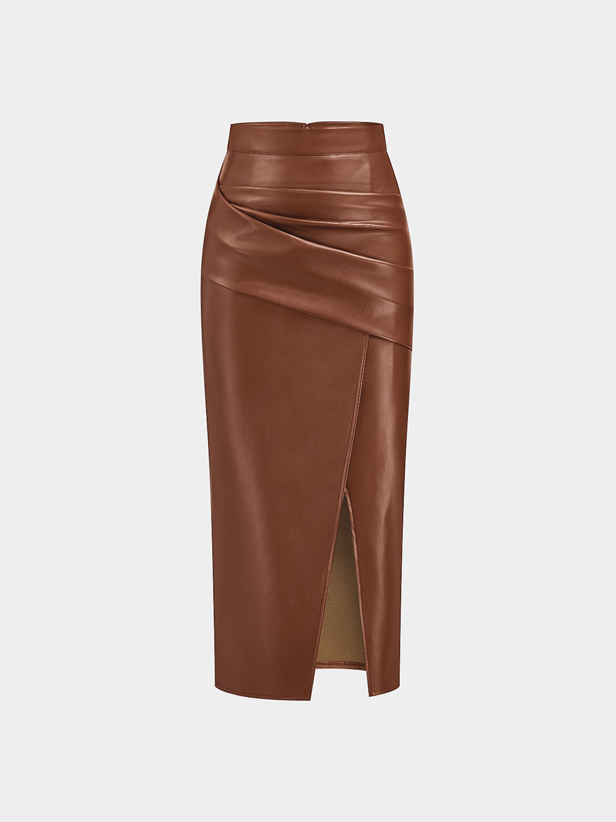 Ruched Slit PU Leather Midi Skirt High Waist Fashionable Style