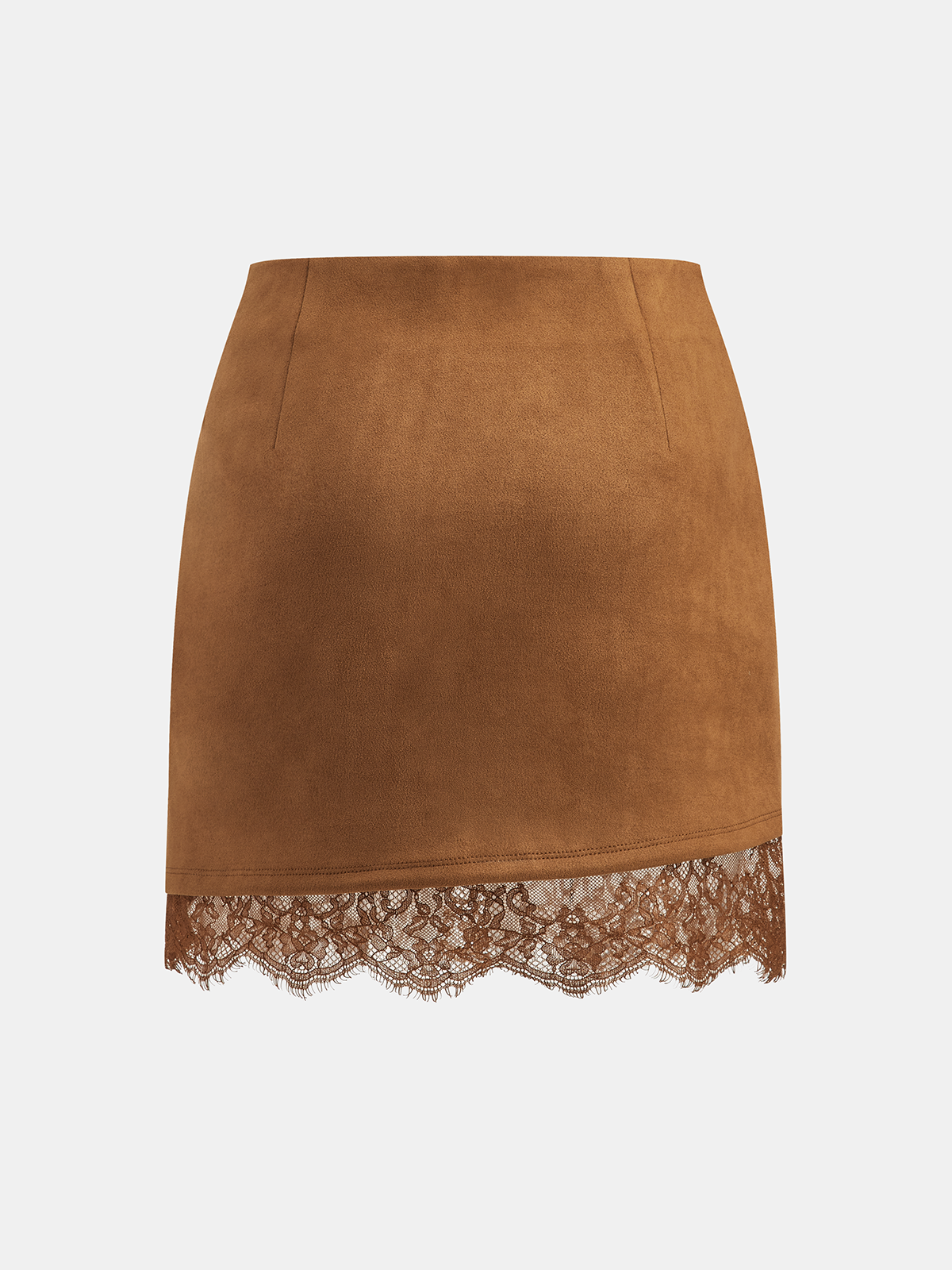 Lace Hem Suede Effect Mini Skirt with Elastic Waistband
