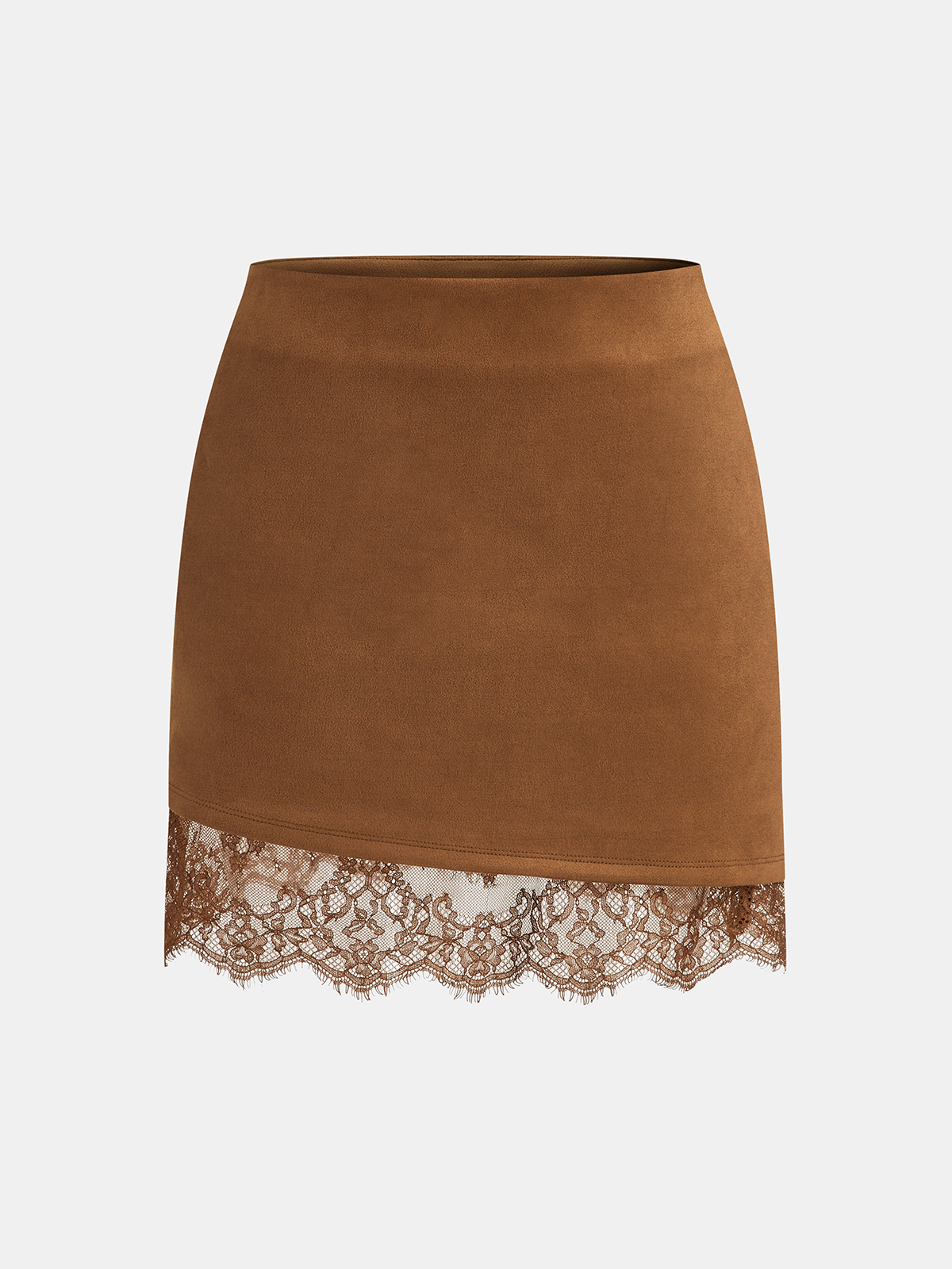 Lace Hem Suede Effect Mini Skirt with Elastic Waistband