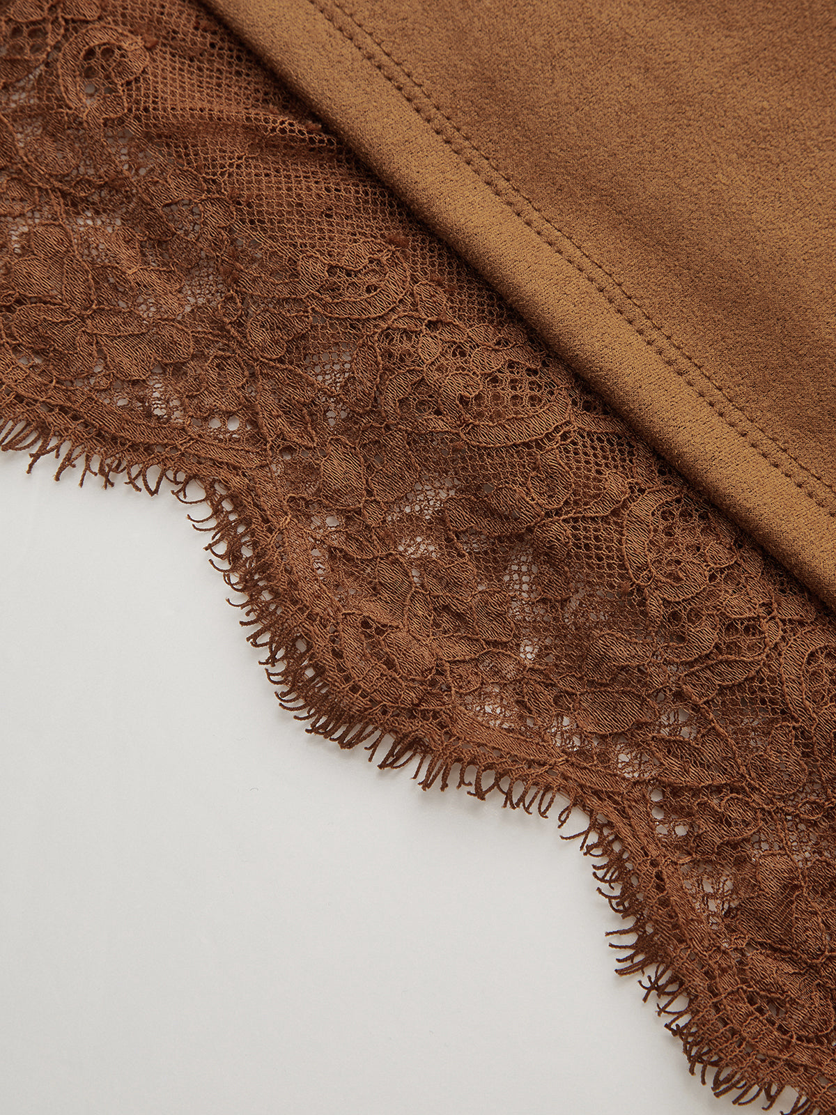 Lace Hem Suede Effect Mini Skirt with Elastic Waistband