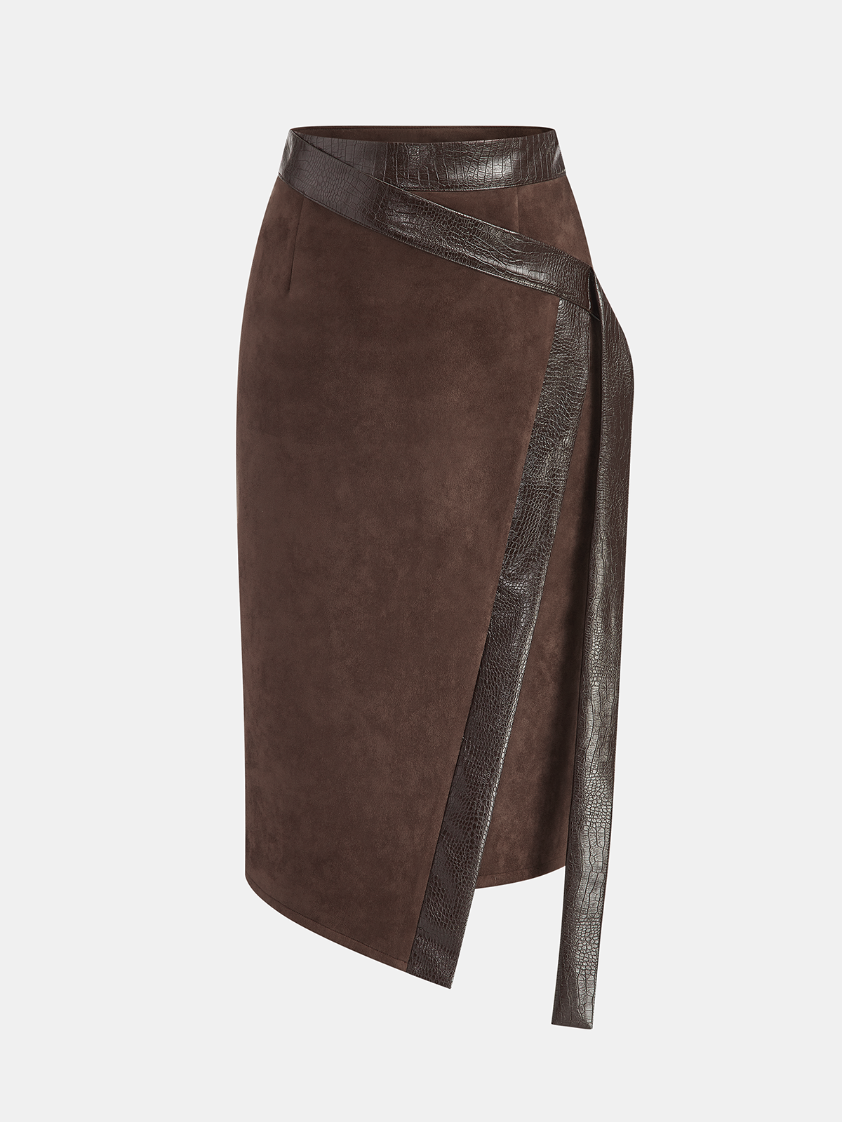 Crocodile PU Leather Panel Suede Effect Midi Skirt with High Waist Design