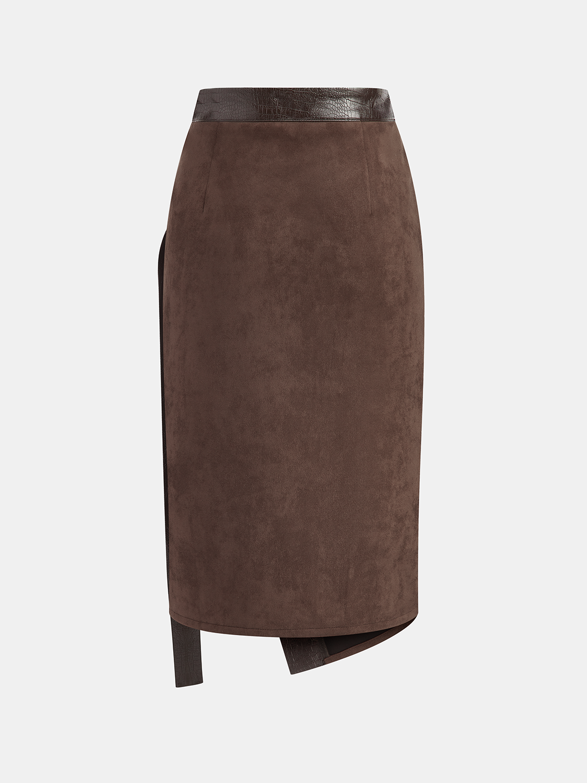 Crocodile PU Leather Panel Suede Effect Midi Skirt with High Waist Design