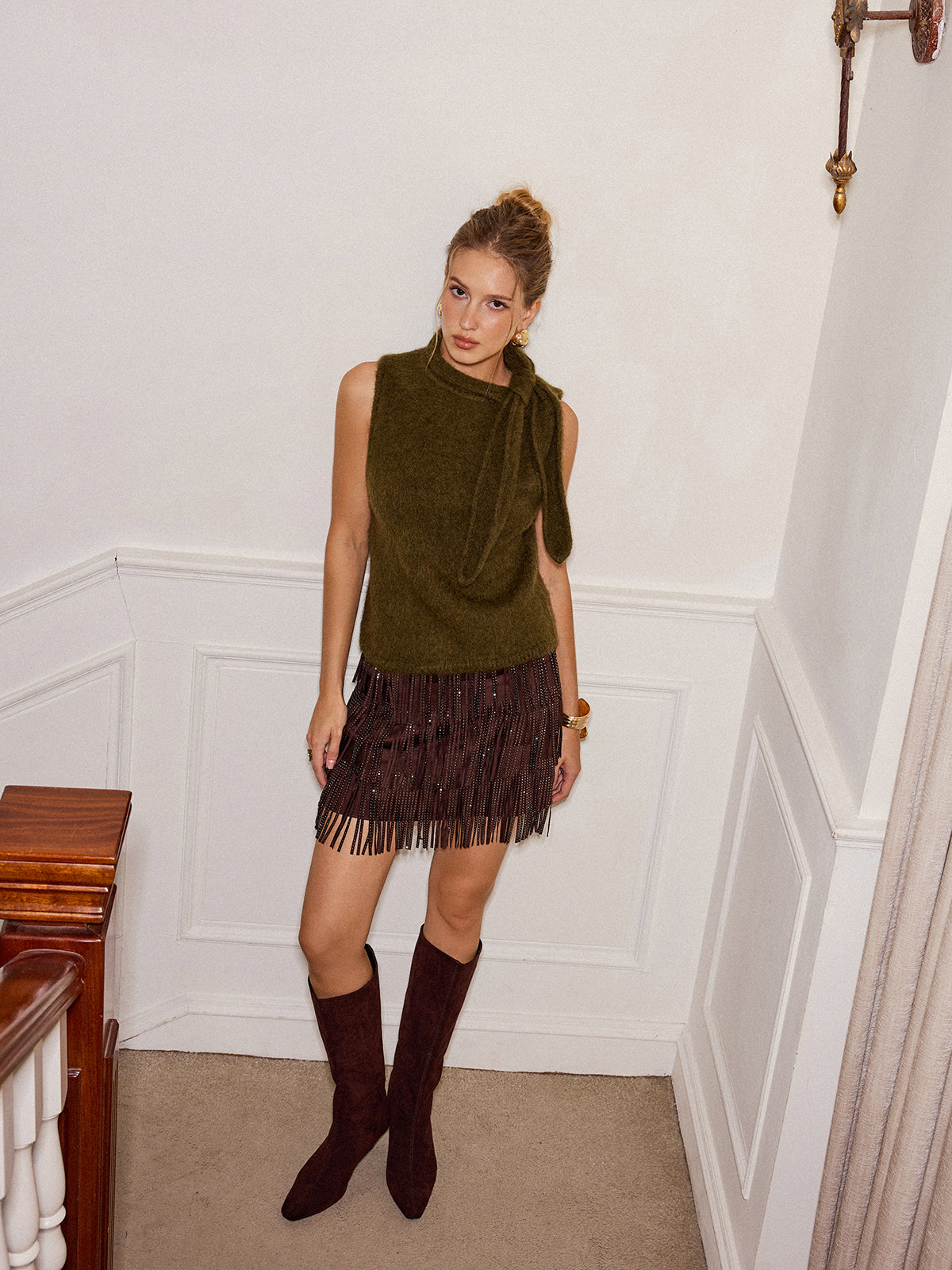 Wool Blend Tie Neck Sleeveless Sweater Vest | Fashion Layering Essential