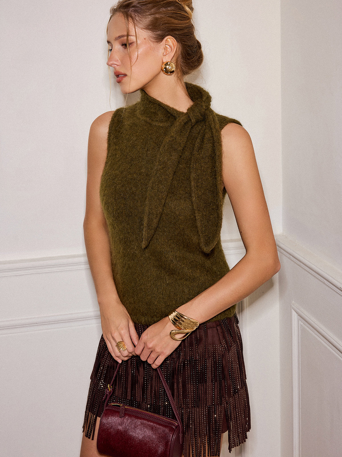 Wool Blend Tie Neck Sleeveless Sweater Vest | Fashion Layering Essential