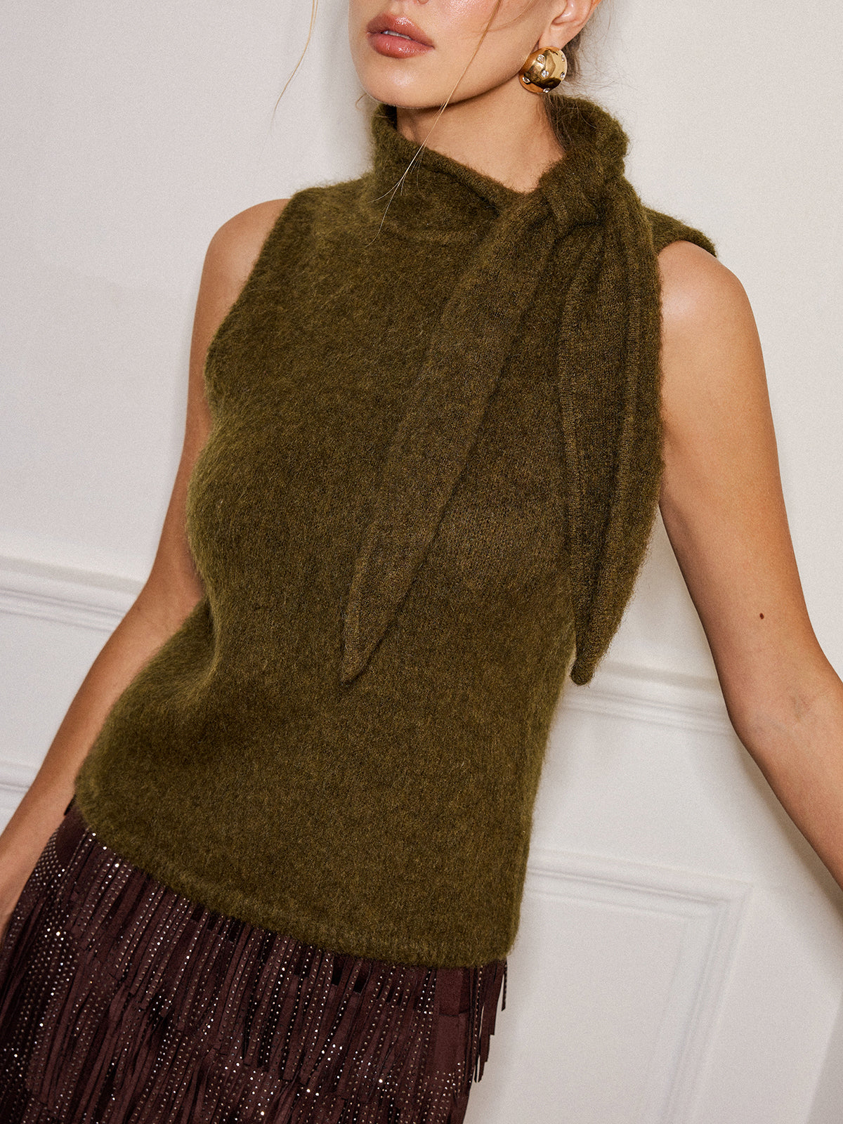 Wool Blend Tie Neck Sleeveless Sweater Vest | Fashion Layering Essential