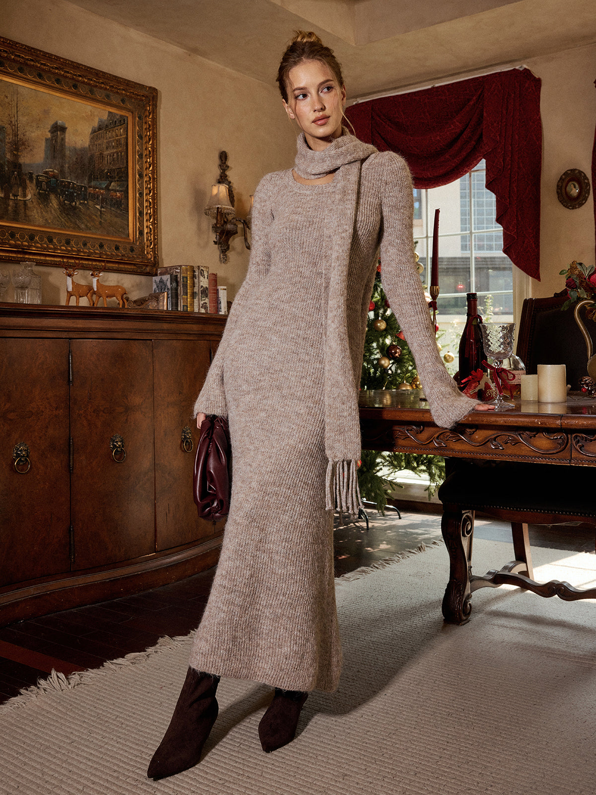 Long Sleeve Knit Maxi Dress with Scarf for Women, Comfortable Stylish Full-Length Winter Wear