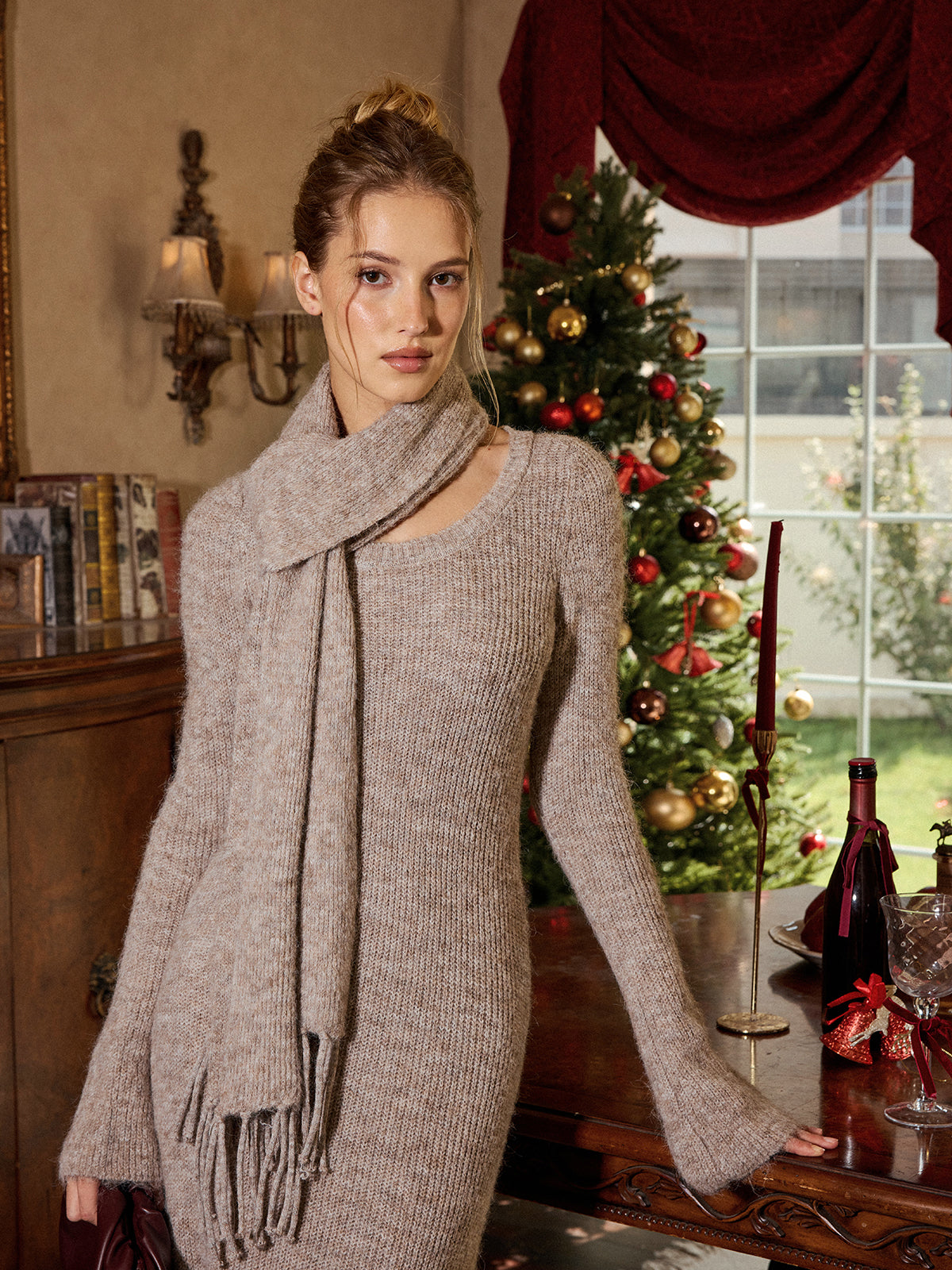 Long Sleeve Knit Maxi Dress with Scarf for Women, Comfortable Stylish Full-Length Winter Wear