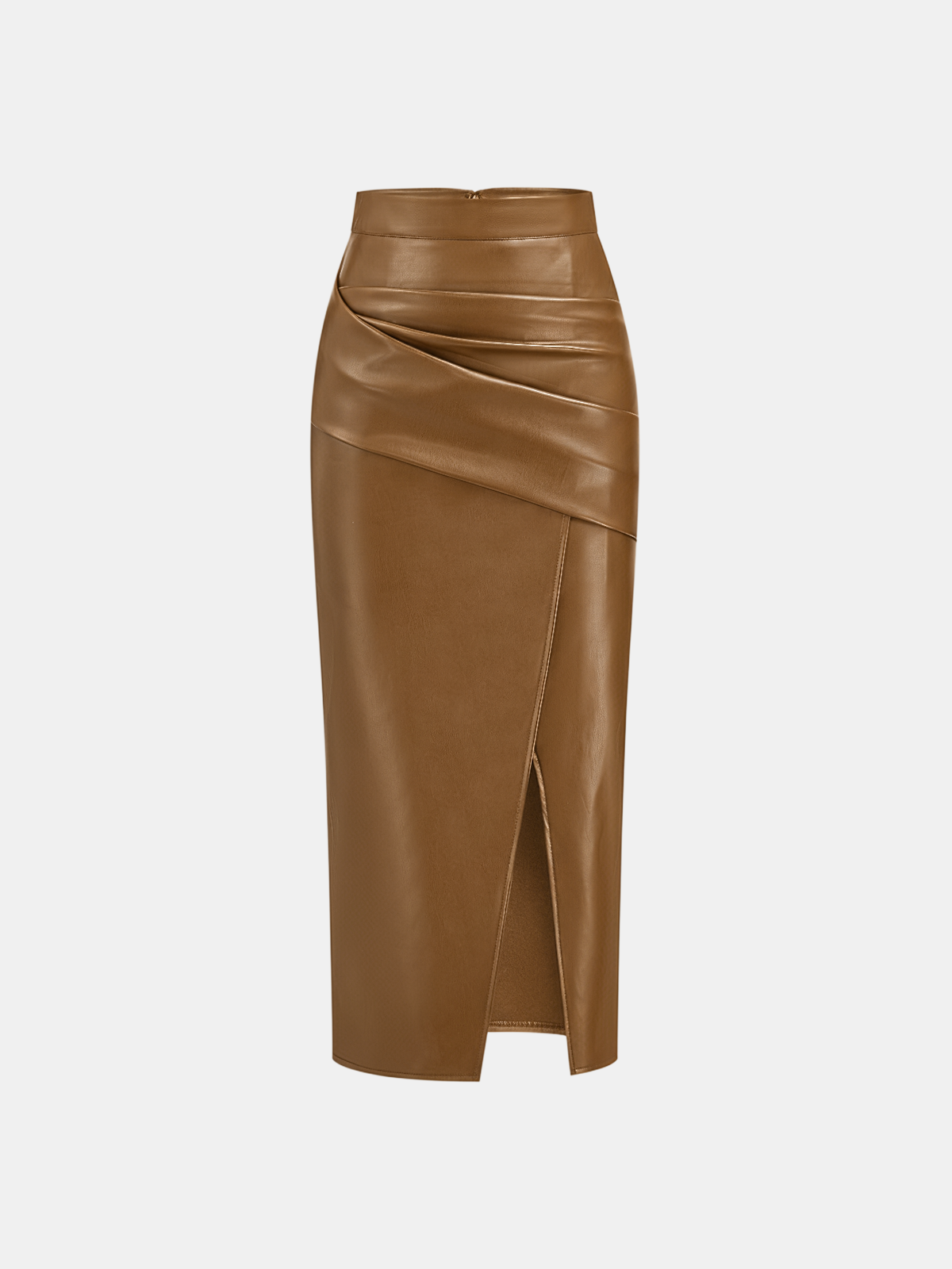 Ruched Slit PU Leather Midi Skirt High Waist Fashionable Style