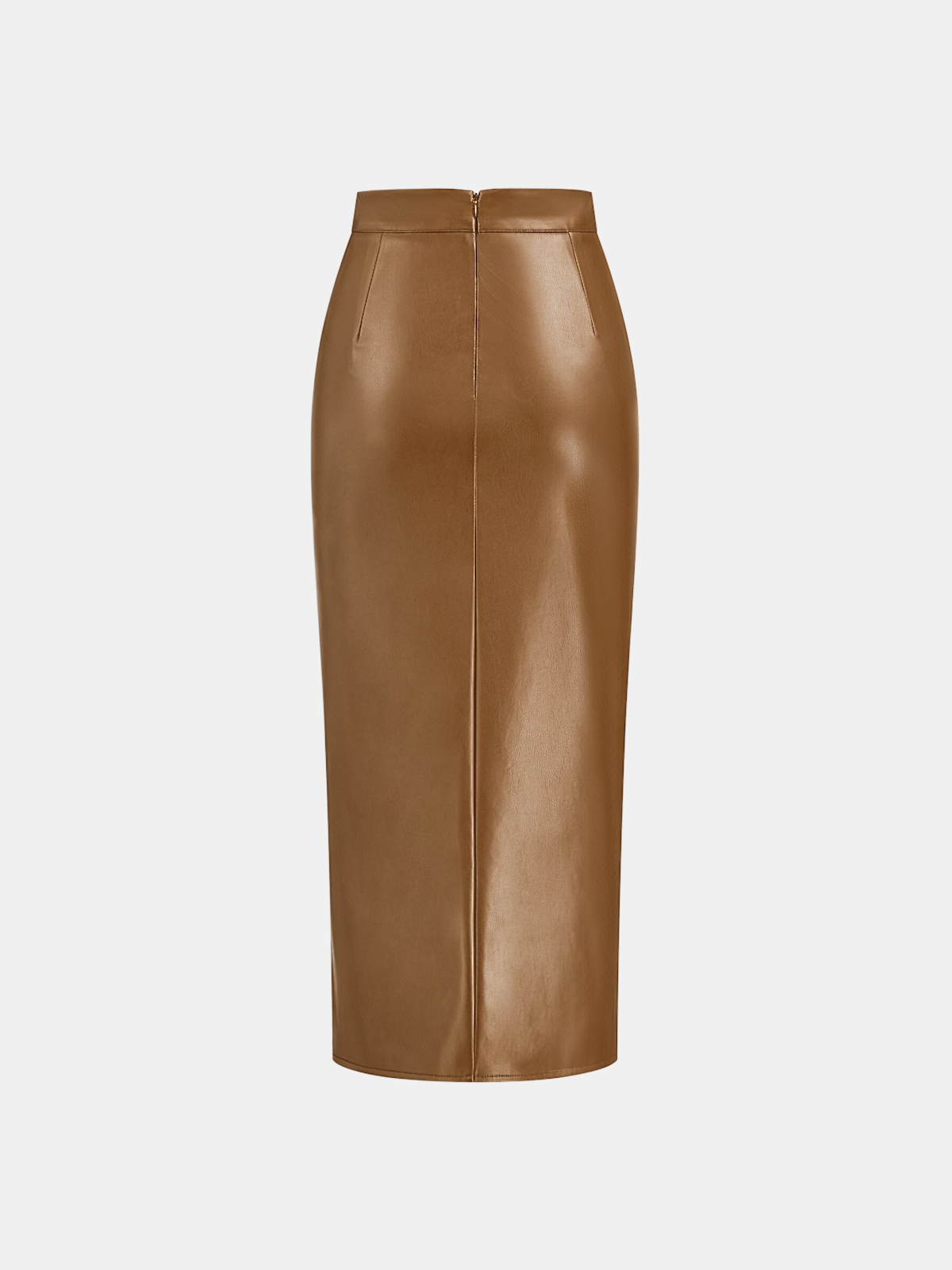Ruched Slit PU Leather Midi Skirt High Waist Fashionable Style
