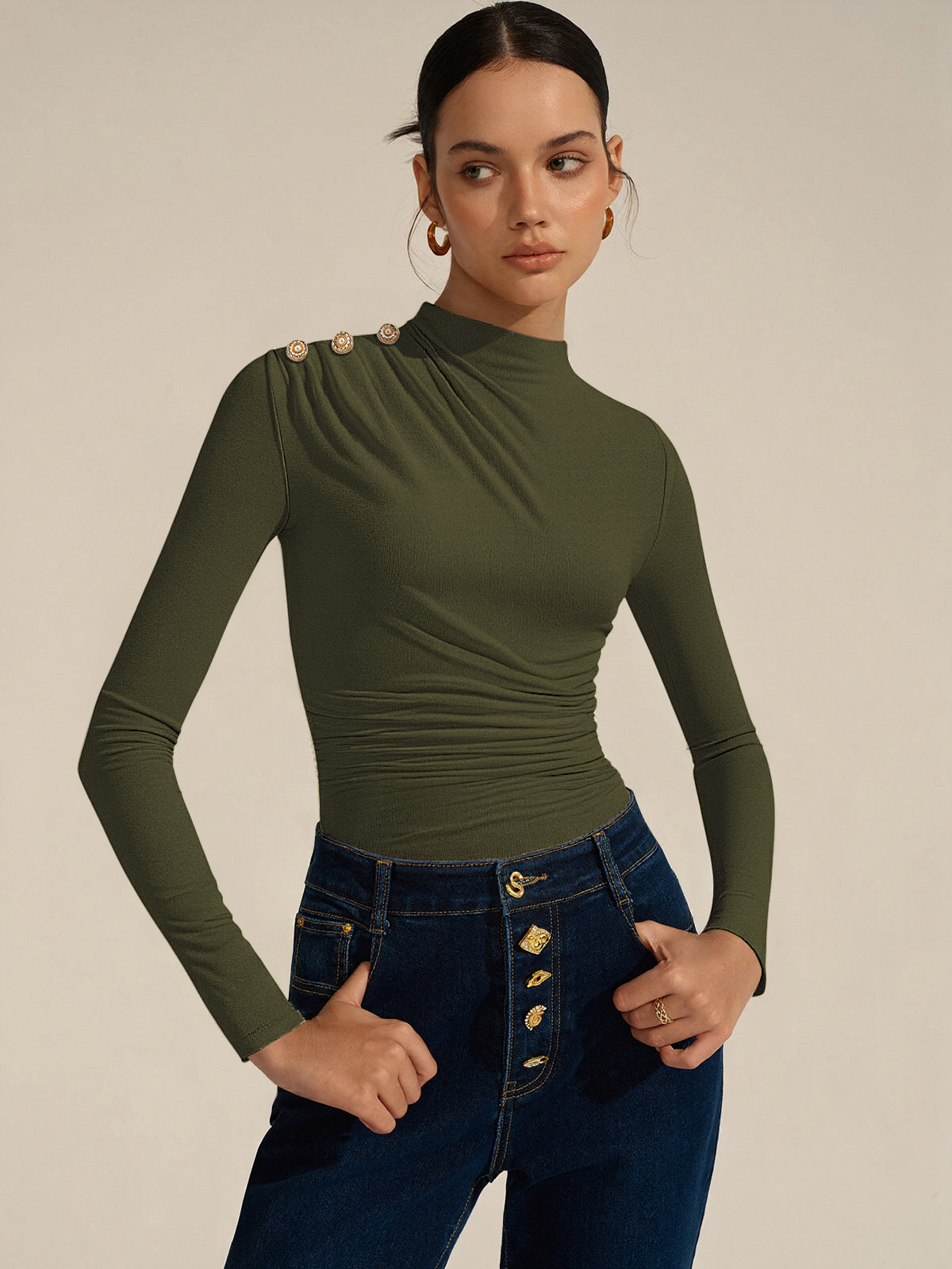 Ruched Shoulder-Decor Long Sleeve Bodysuit Trendy Women's Fashion Essentials