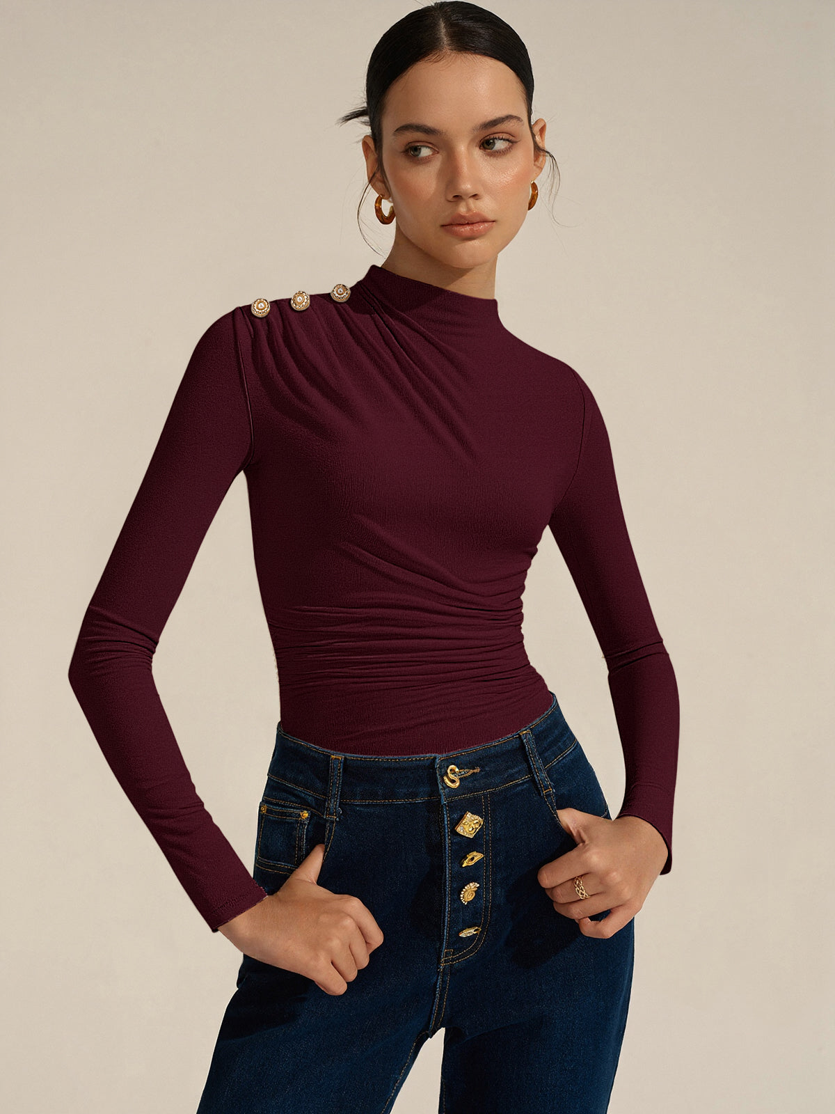 Ruched Shoulder-Decor Long Sleeve Bodysuit Trendy Women's Fashion Essentials