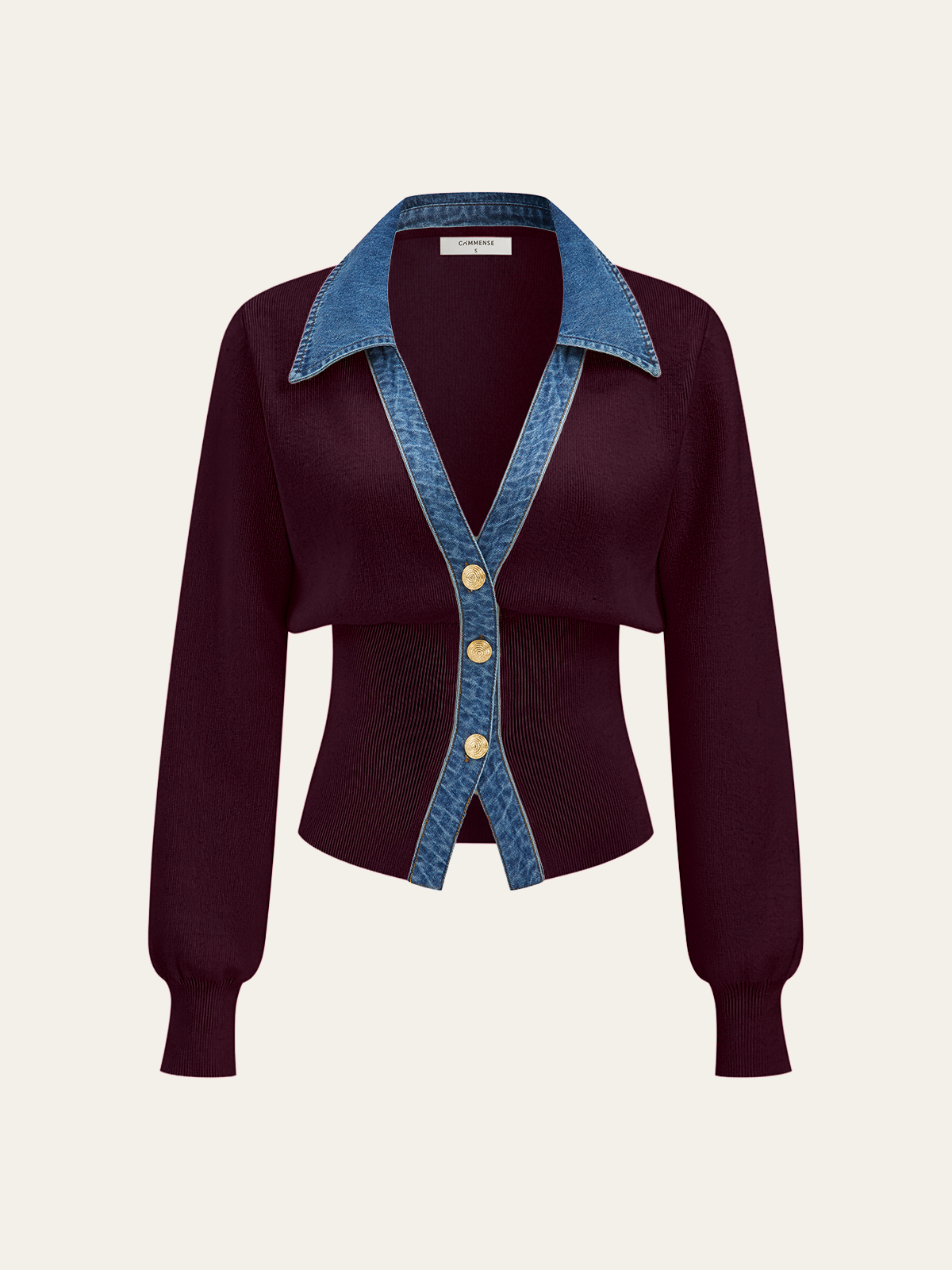 Denim Collar Metal Button V-Neck Knit Top for Women Lightweight
