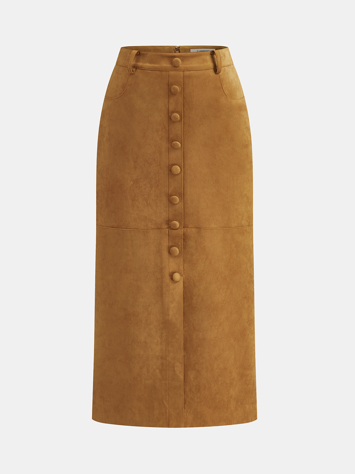 Decorative Button Suede Effect Slit Midi Skirt with High Waist Design