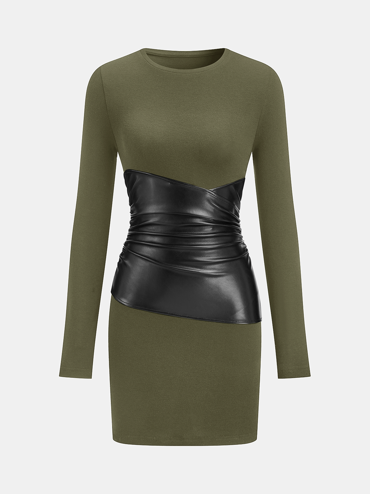 PU Leather Panel Long Sleeve Knit Dress for Women, Comfort Fit