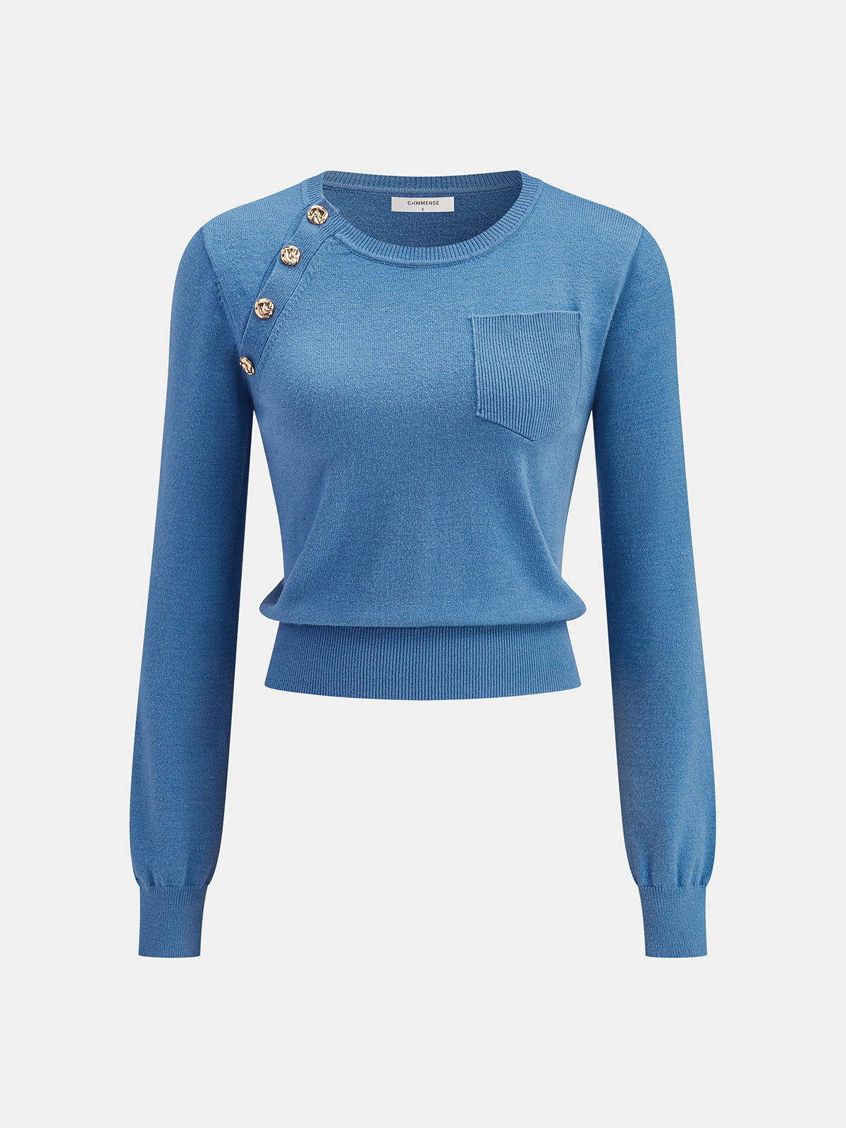 Asymmetrical Metal Button Knit Top with Long Sleeves and Casual Fit