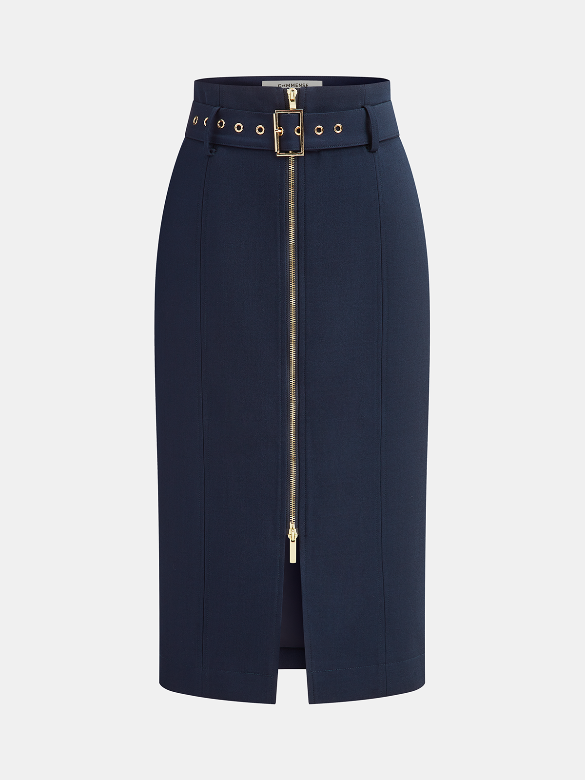 Belted Zip-Front Split Midi Skirt with High Waist Design