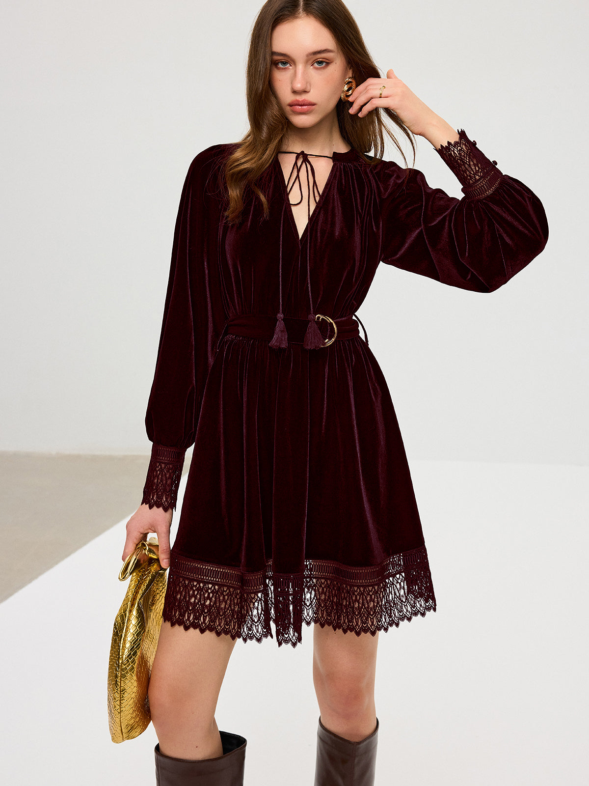 Velvet Belted Lace Trim Mini Dress Elegant Party Evening Wear