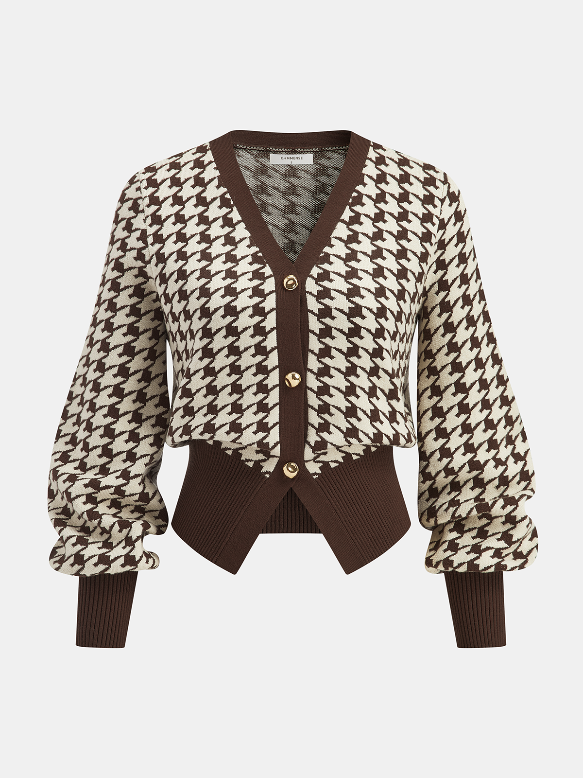 Houndstooth Puff-Sleeve Cropped Knit Cardigan Women's Casual Classic