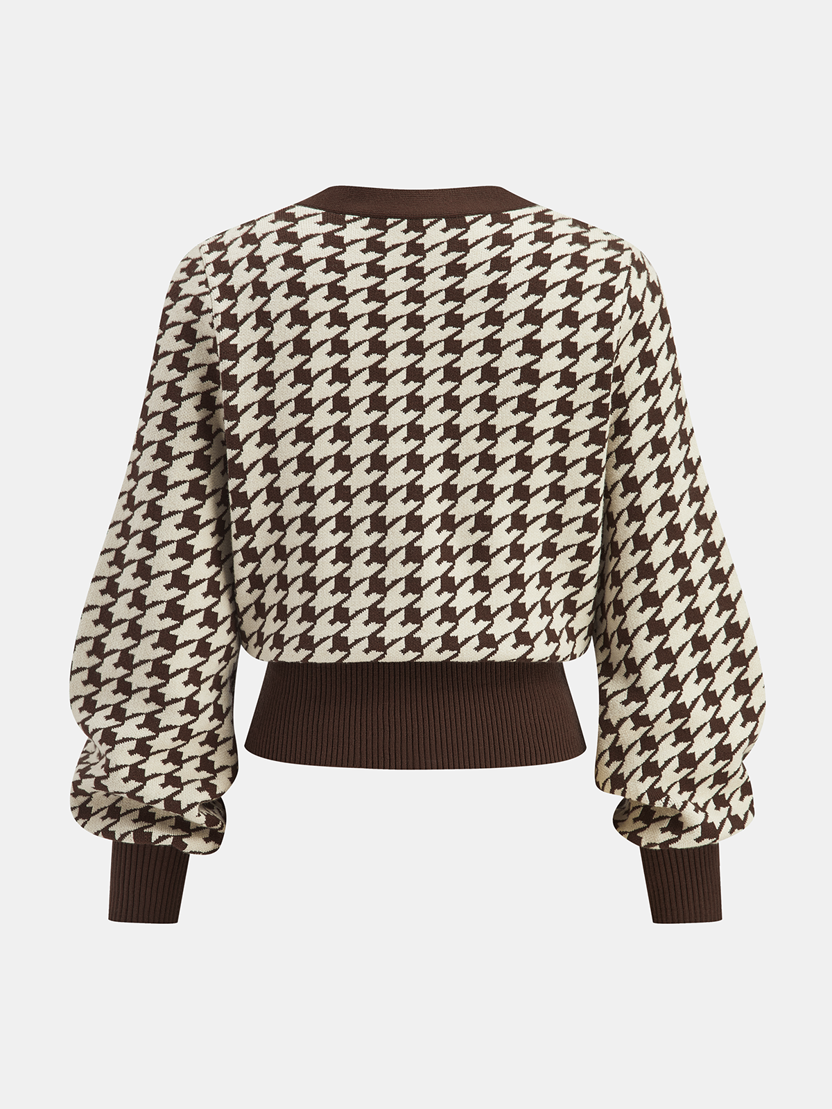 Houndstooth Puff-Sleeve Cropped Knit Cardigan Women's Casual Classic