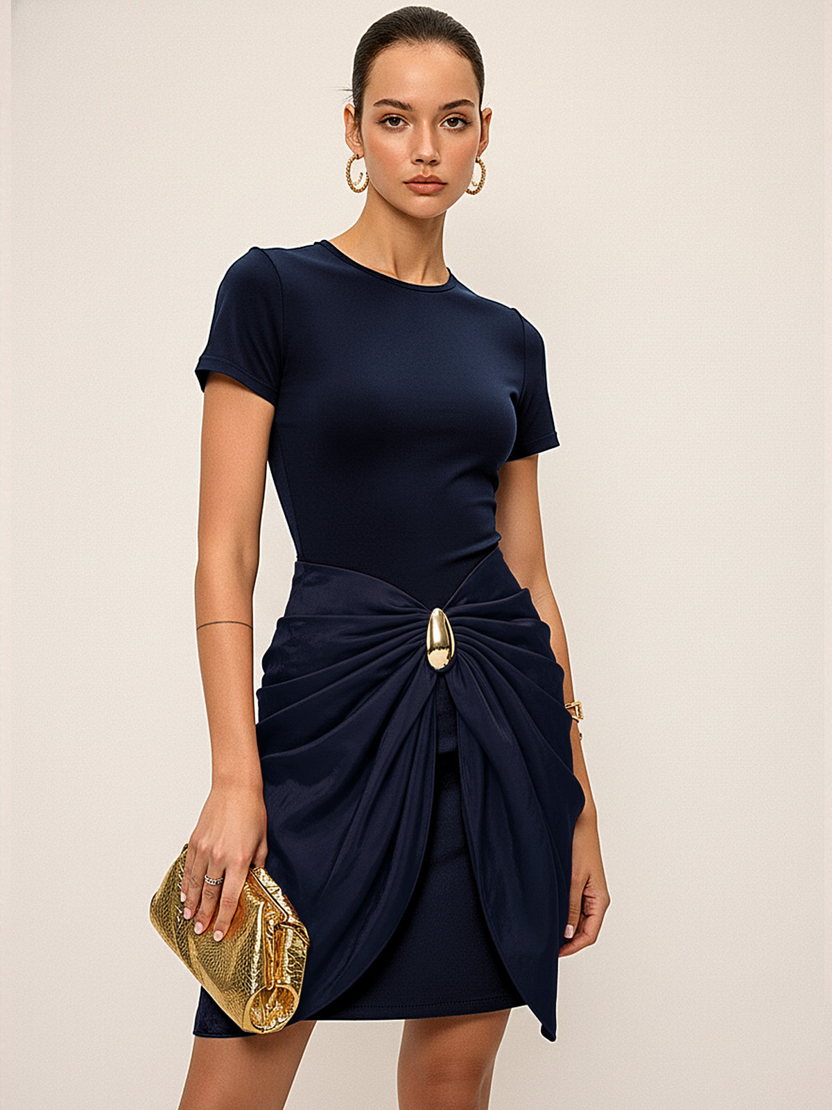 Short Sleeve Ruched Metal Buckle Dress for Women, Elegant Party Wear