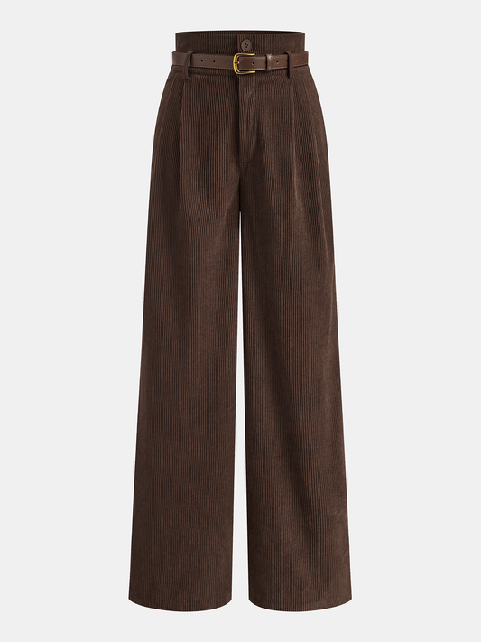 Belted Corduroy High-Waist Pants for Women Casual Fit