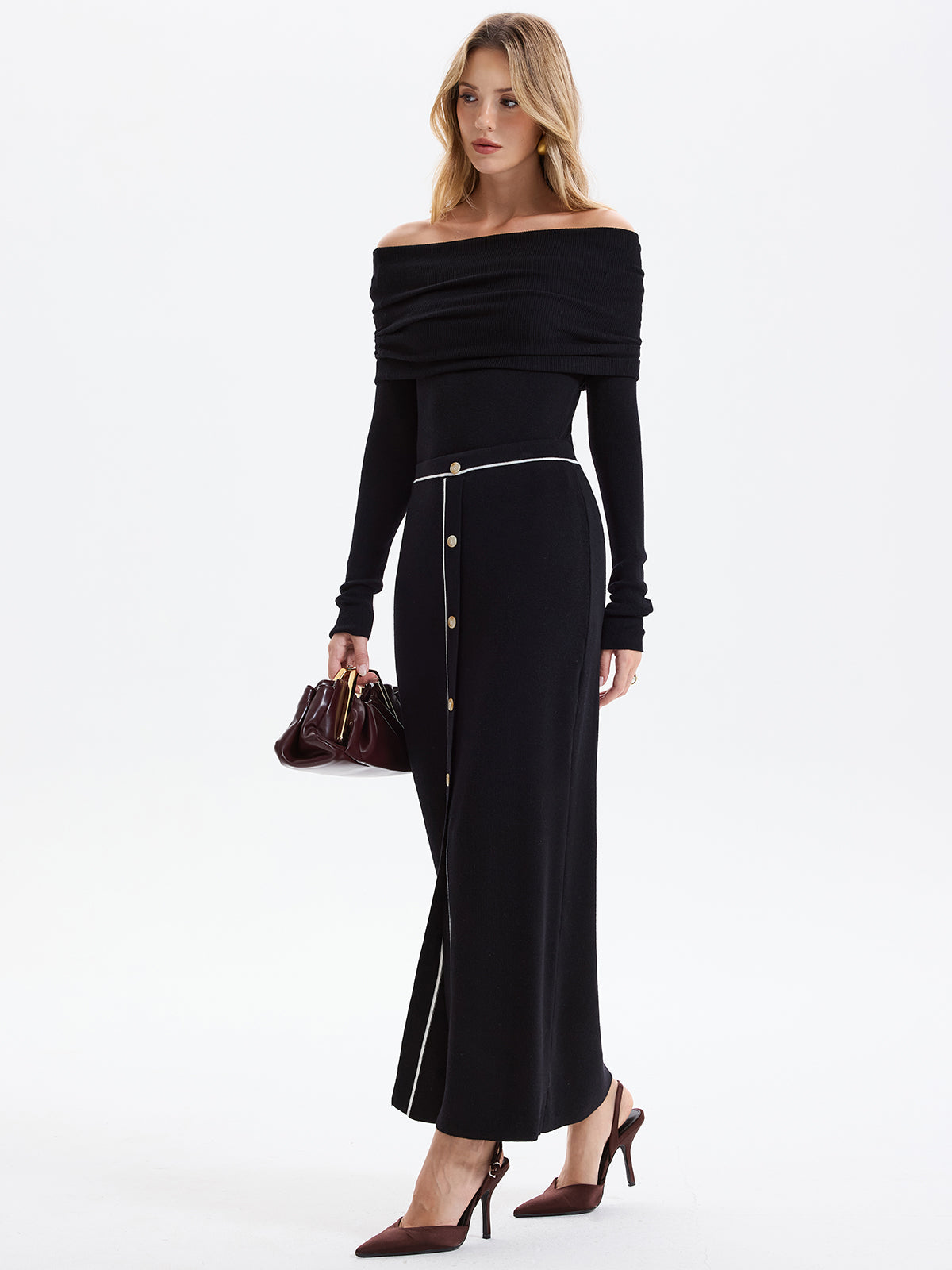 Contrast-Trim Button-Front Maxi Knit Skirt with Elastic Waistband