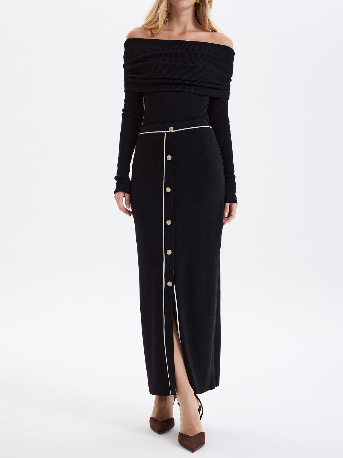 Contrast-Trim Button-Front Maxi Knit Skirt with Elastic Waistband