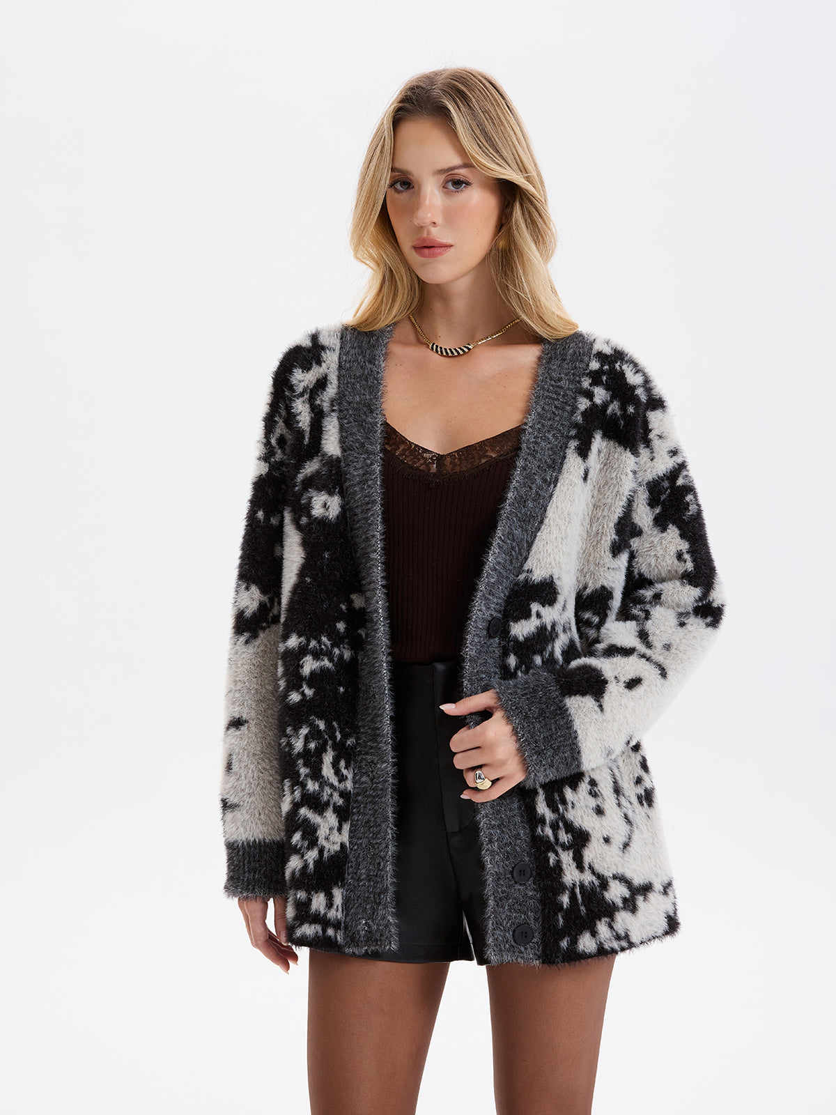 Cow Print Faux Mink Fur Cardigan Cozy Winter Fashion Layer