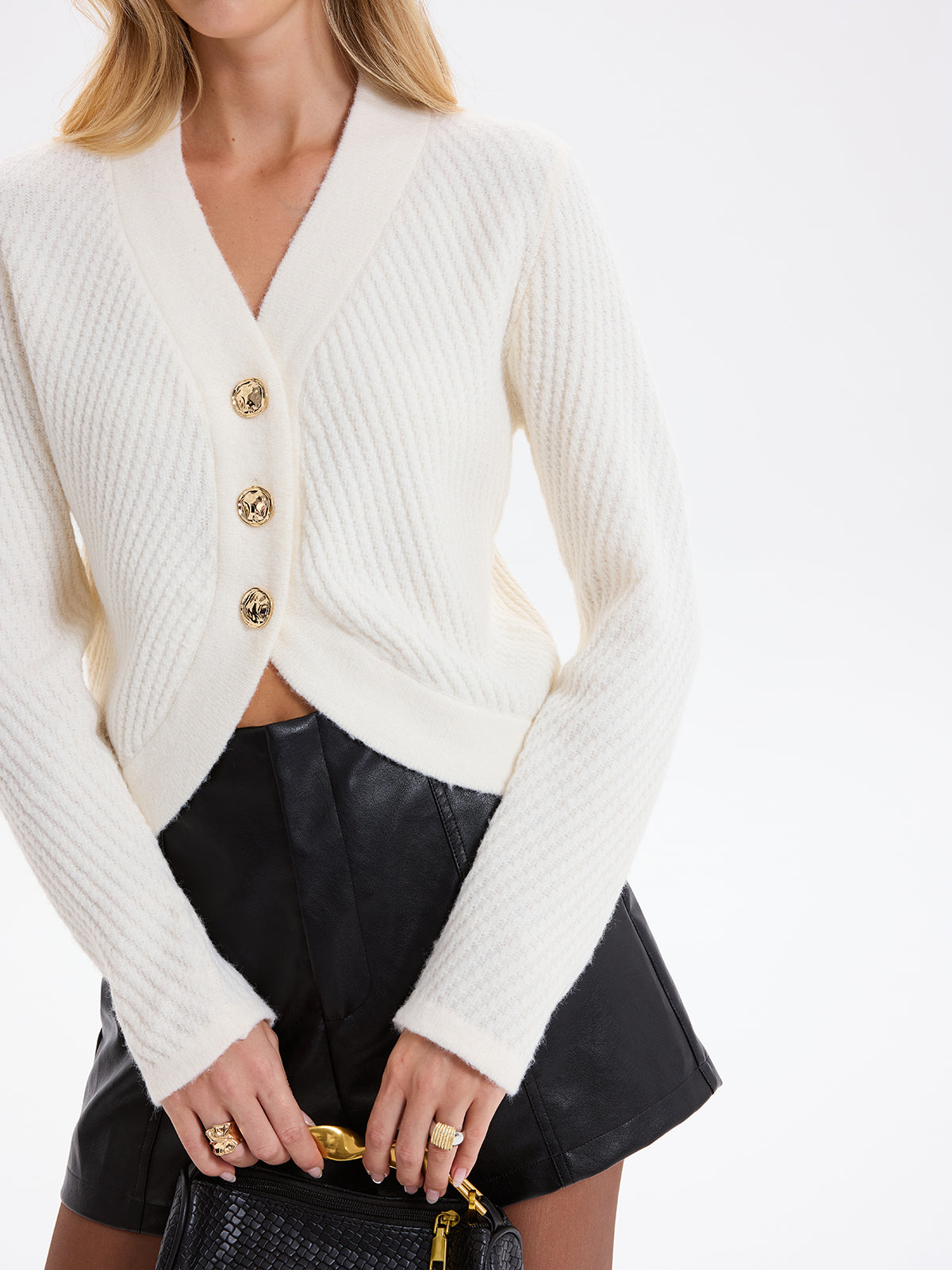 Curved Hem Knit Cardigan with Metal Buttons Women's Lightweight Sweater