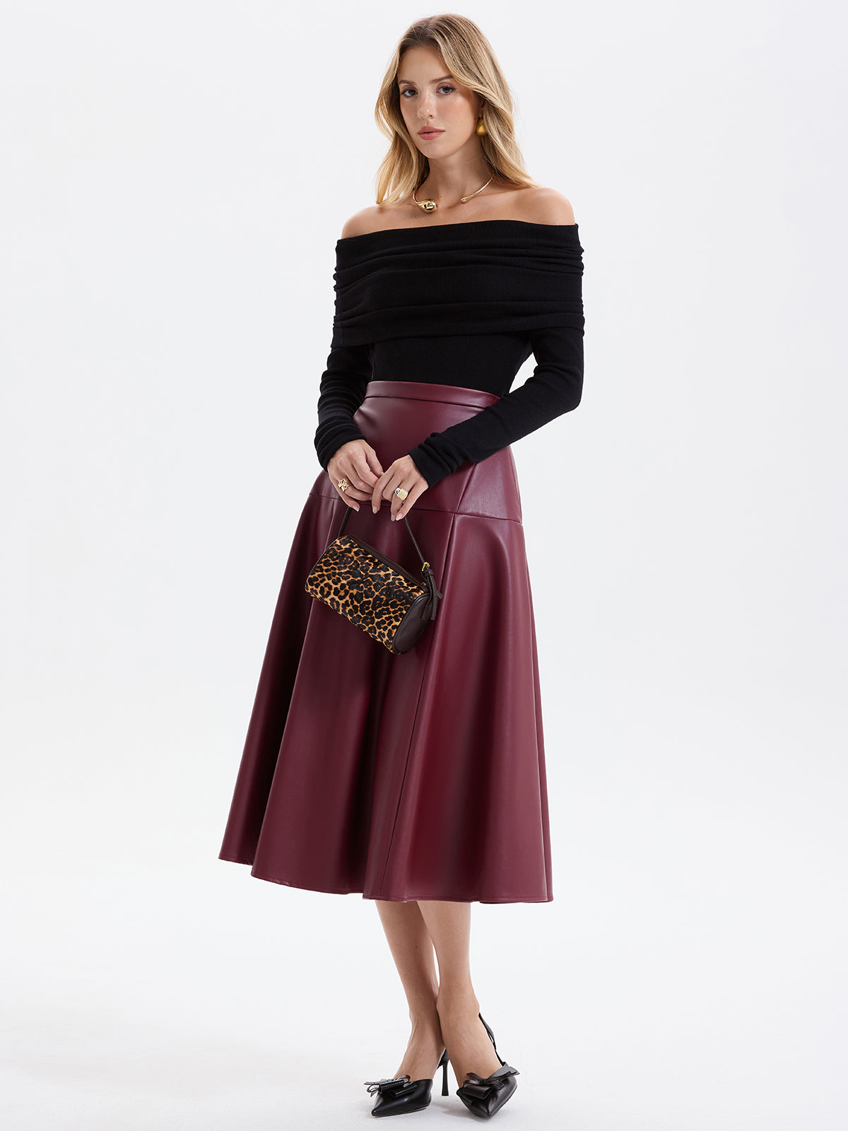 Wave Hem Faux Leather Midi Skirt with High Waist Design
