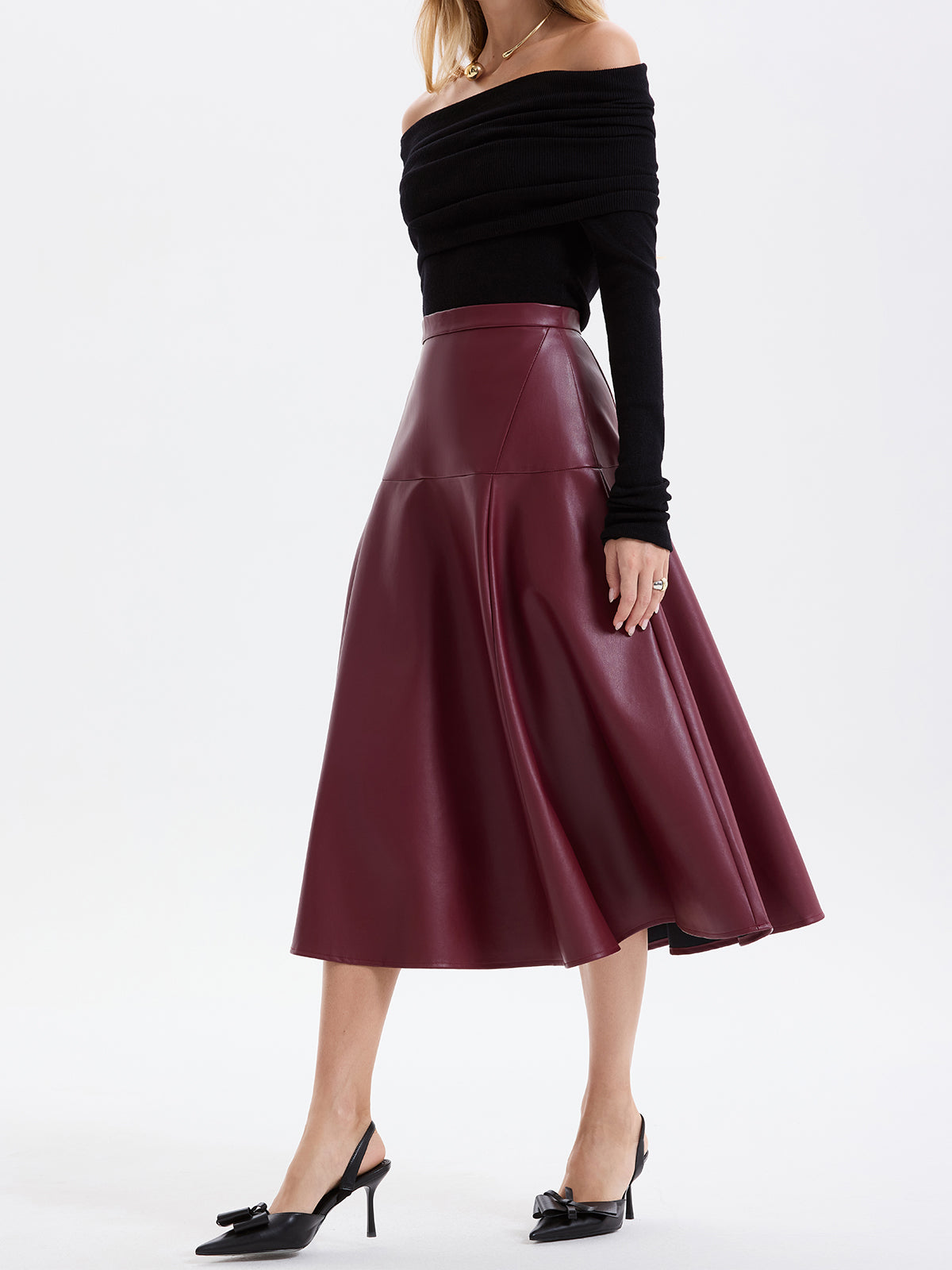 Wave Hem Faux Leather Midi Skirt with High Waist Design