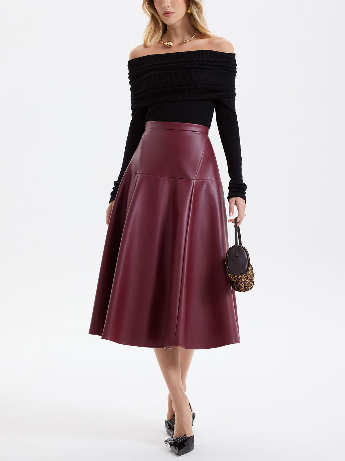 Wave Hem Faux Leather Midi Skirt with High Waist Design
