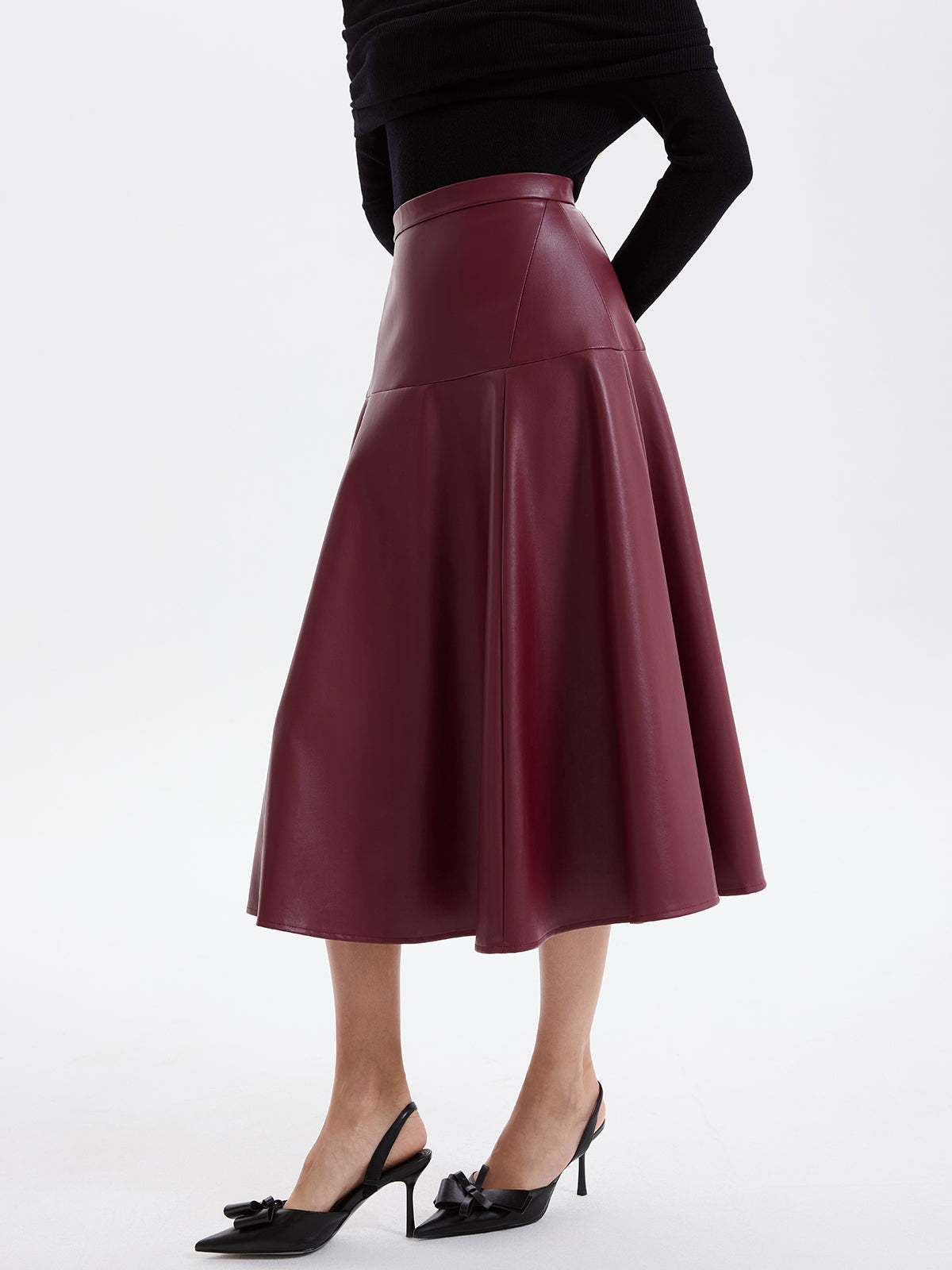 Wave Hem Faux Leather Midi Skirt with High Waist Design