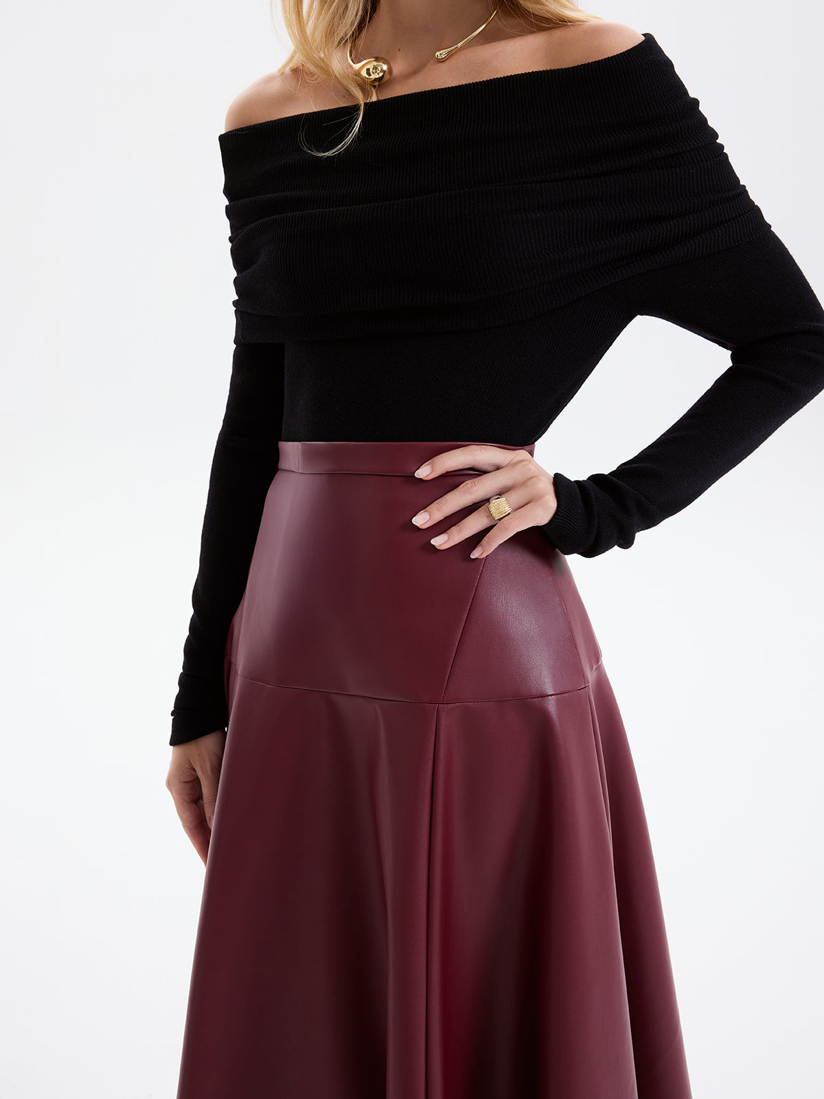 Wave Hem Faux Leather Midi Skirt with High Waist Design