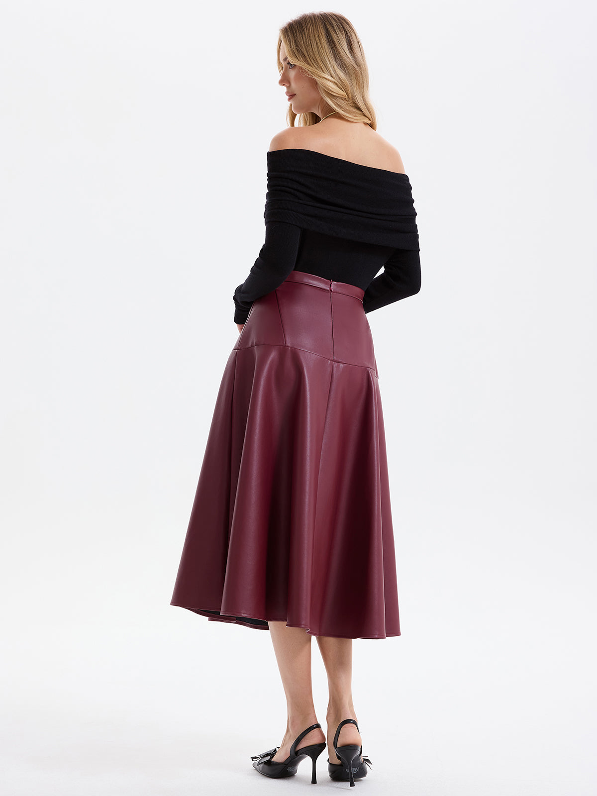 Wave Hem Faux Leather Midi Skirt with High Waist Design