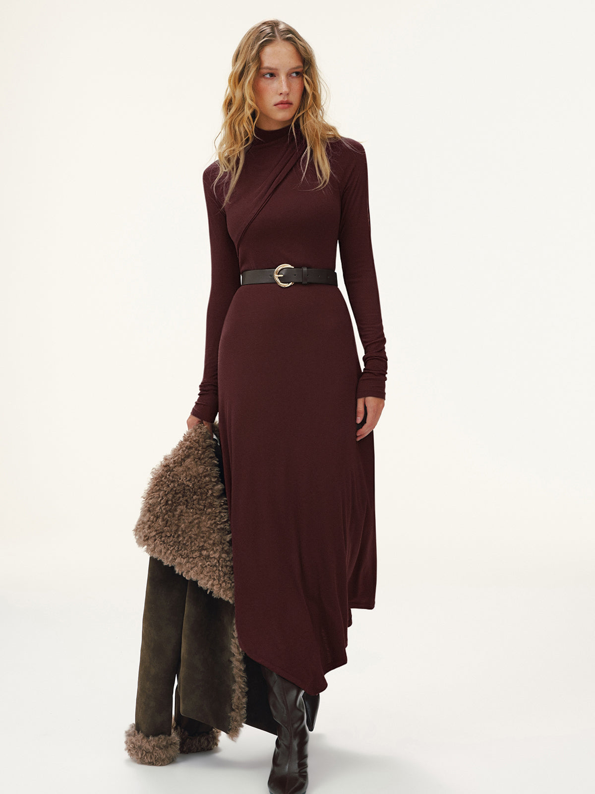 Belted Turtleneck Asymmetric Maxi Dress Elegant Long Sleeve Flowy Style