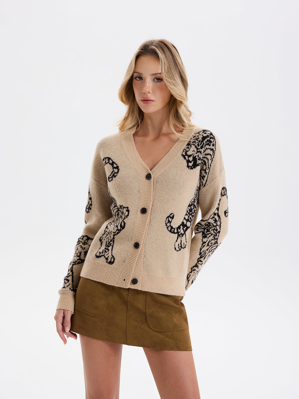 Tiger Jacquard V-Neck Knit Cardigan Stylish Comfortable Fall Winter Essentials