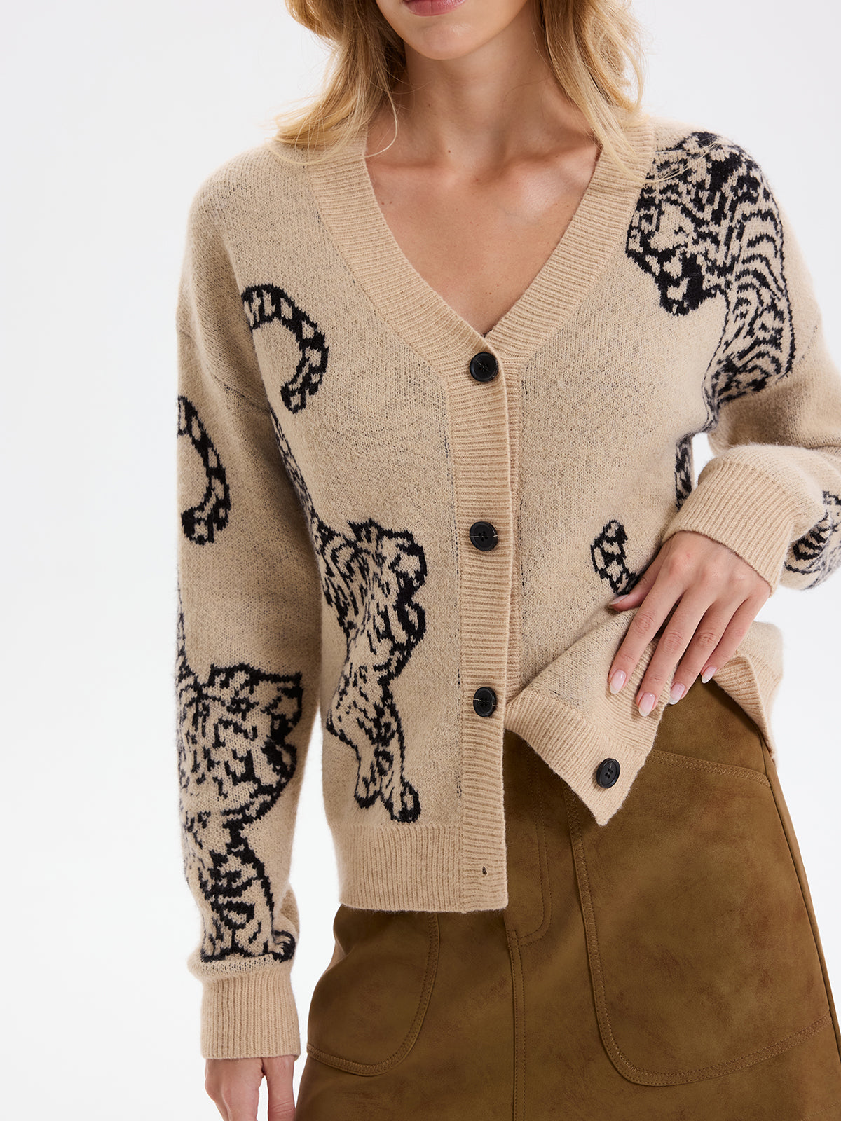 Tiger Jacquard V-Neck Knit Cardigan Stylish Comfortable Fall Winter Essentials