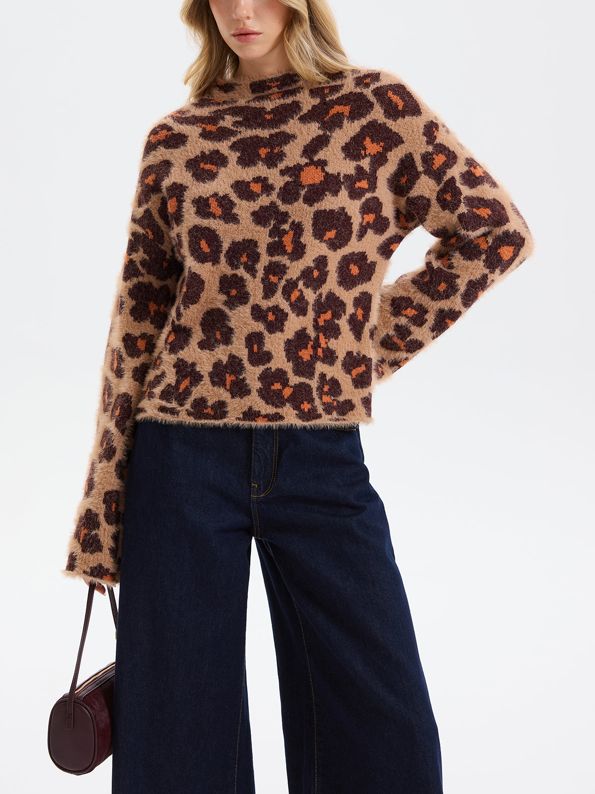 Loose Leopard Jacquard Fuzzy Sweater Cozy Winter Knitwear without Belt