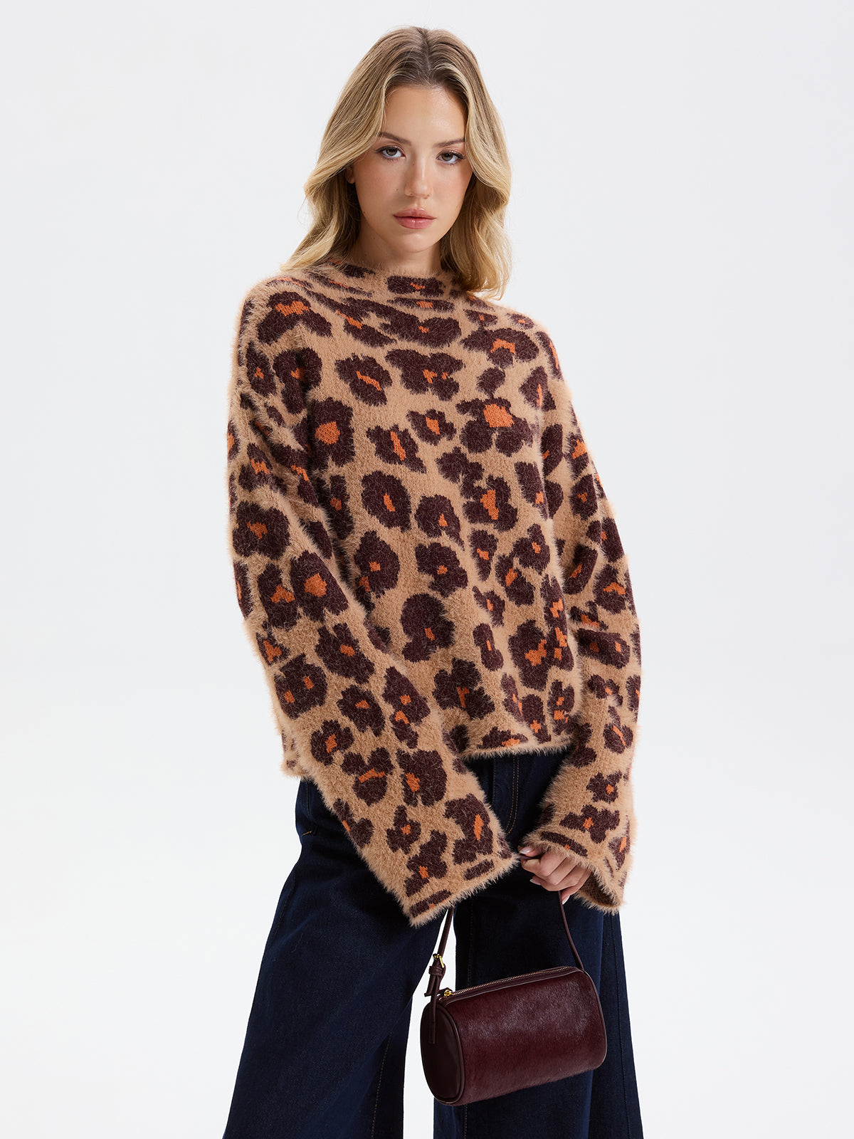 Loose Leopard Jacquard Fuzzy Sweater Cozy Winter Knitwear without Belt