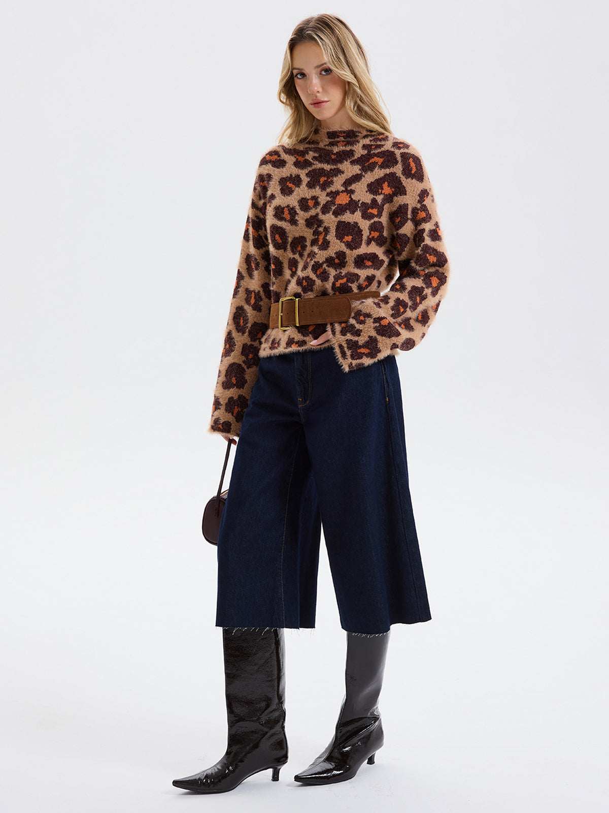 Loose Leopard Jacquard Fuzzy Sweater Cozy Winter Knitwear without Belt